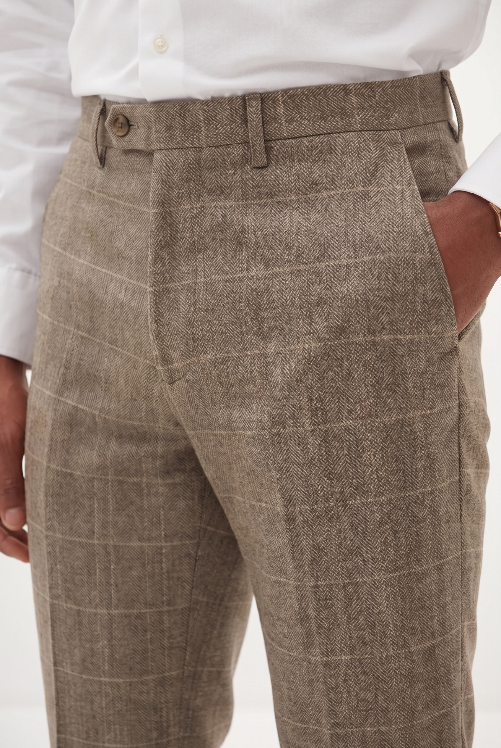 Men's Ted Tan Tweed Herringbone Check Trousers | Blackstone London