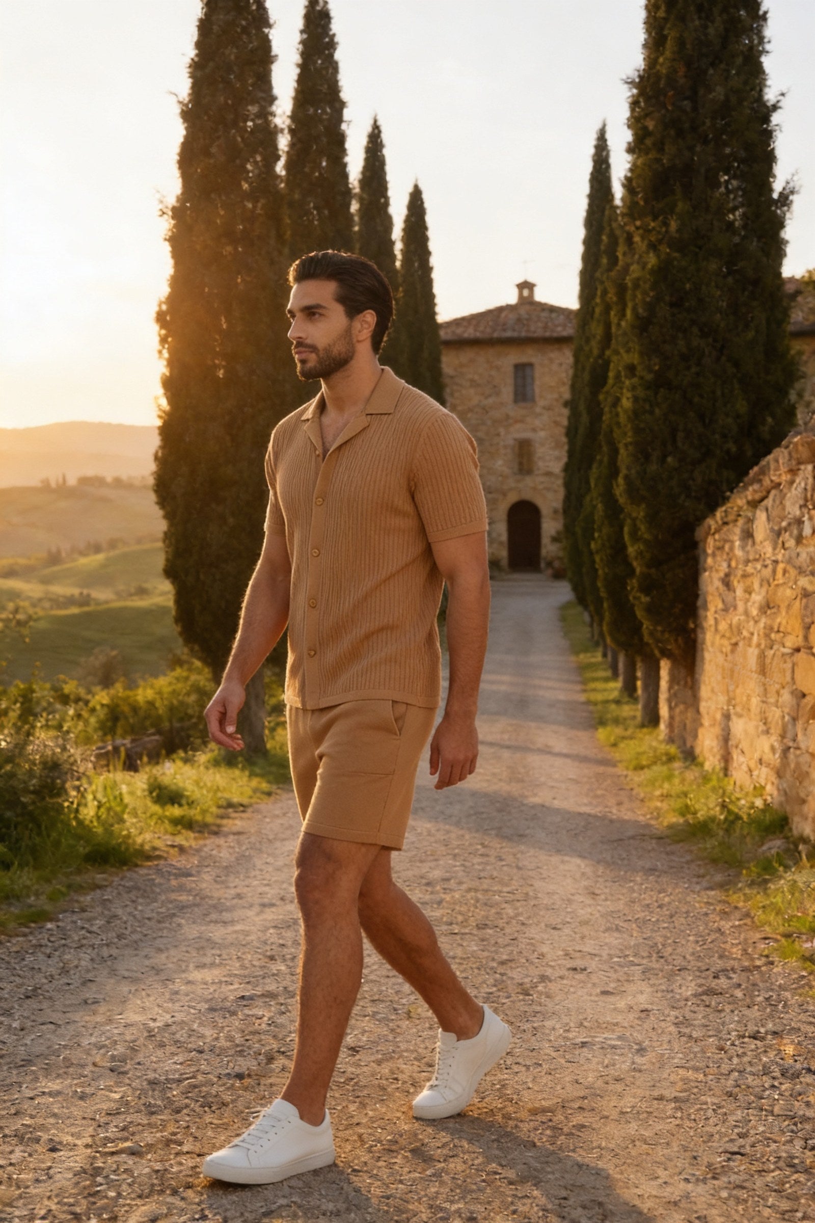 Men's Cuban Collar Knit Shirt & Shorts 2-Piece Set | Blackstone London