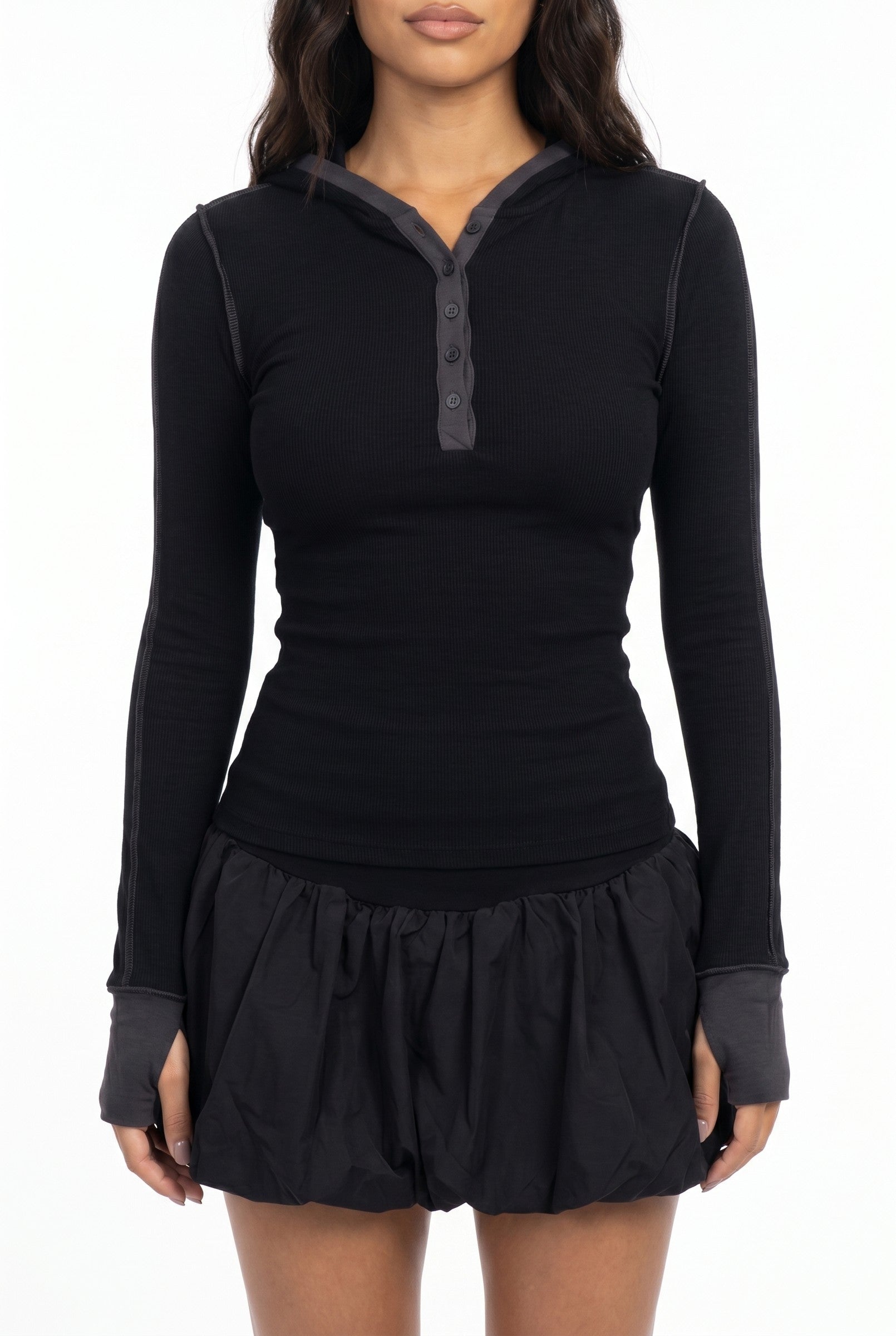 Women's Hooded Henley Long Sleeve Top | Blackstone London