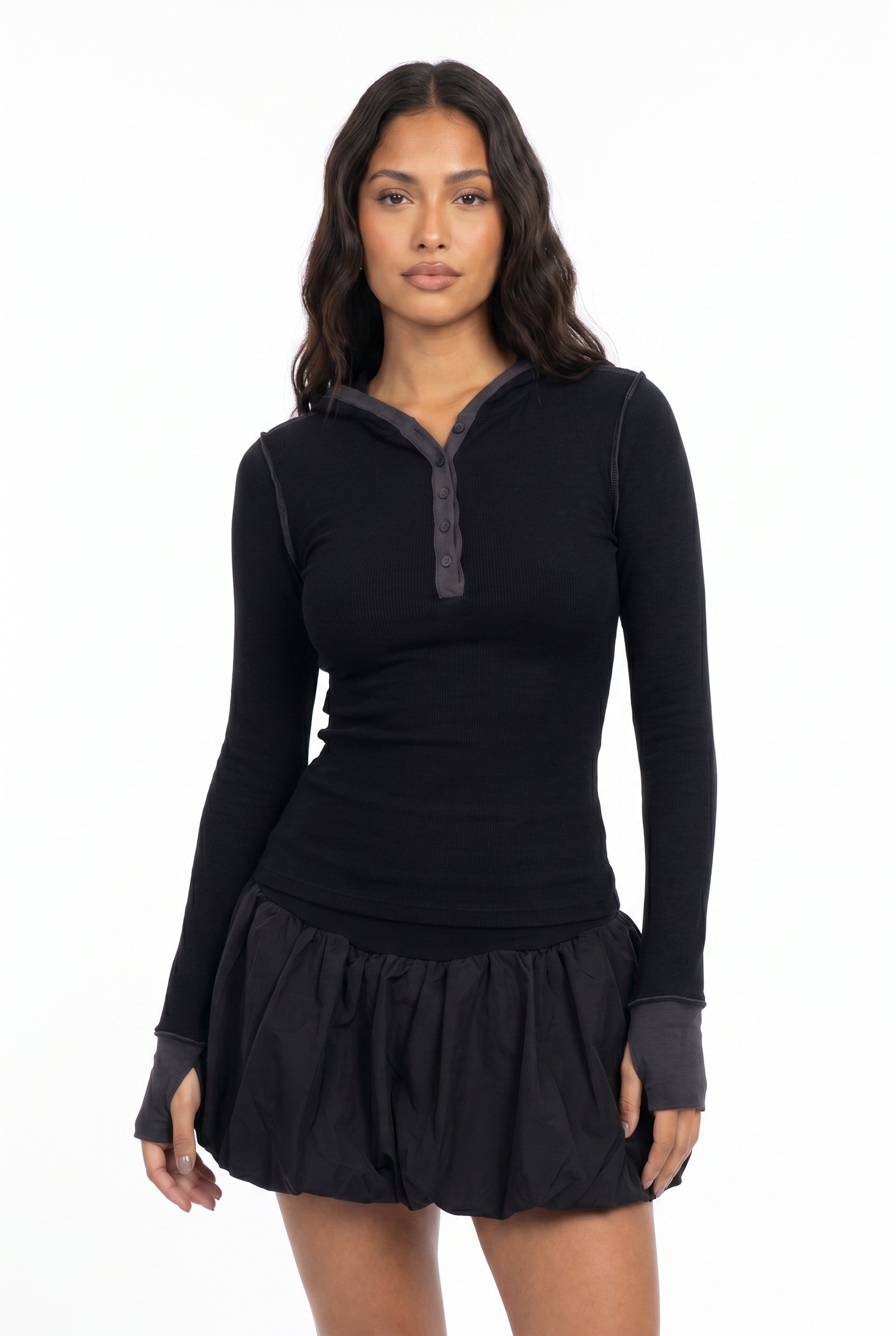 Women's Hooded Henley Long Sleeve Top | Blackstone London
