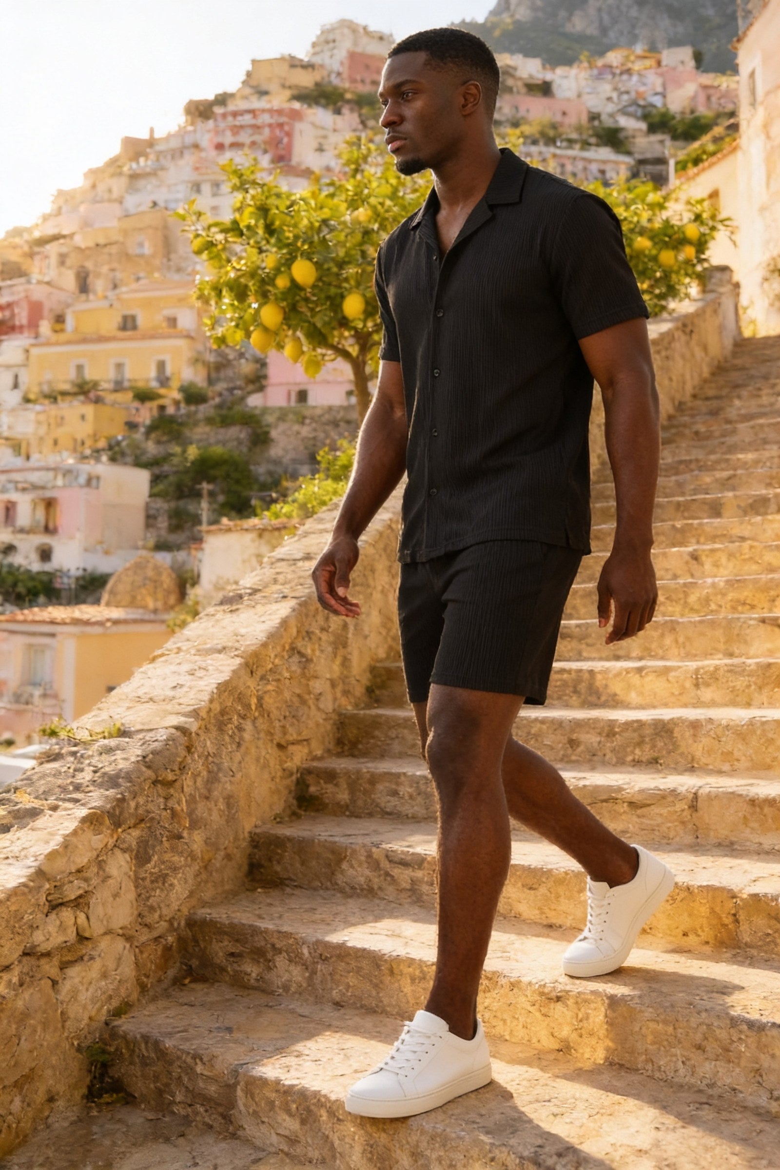 Men's Cuban Collar Knit Shirt & Shorts 2-Piece Set | Blackstone London