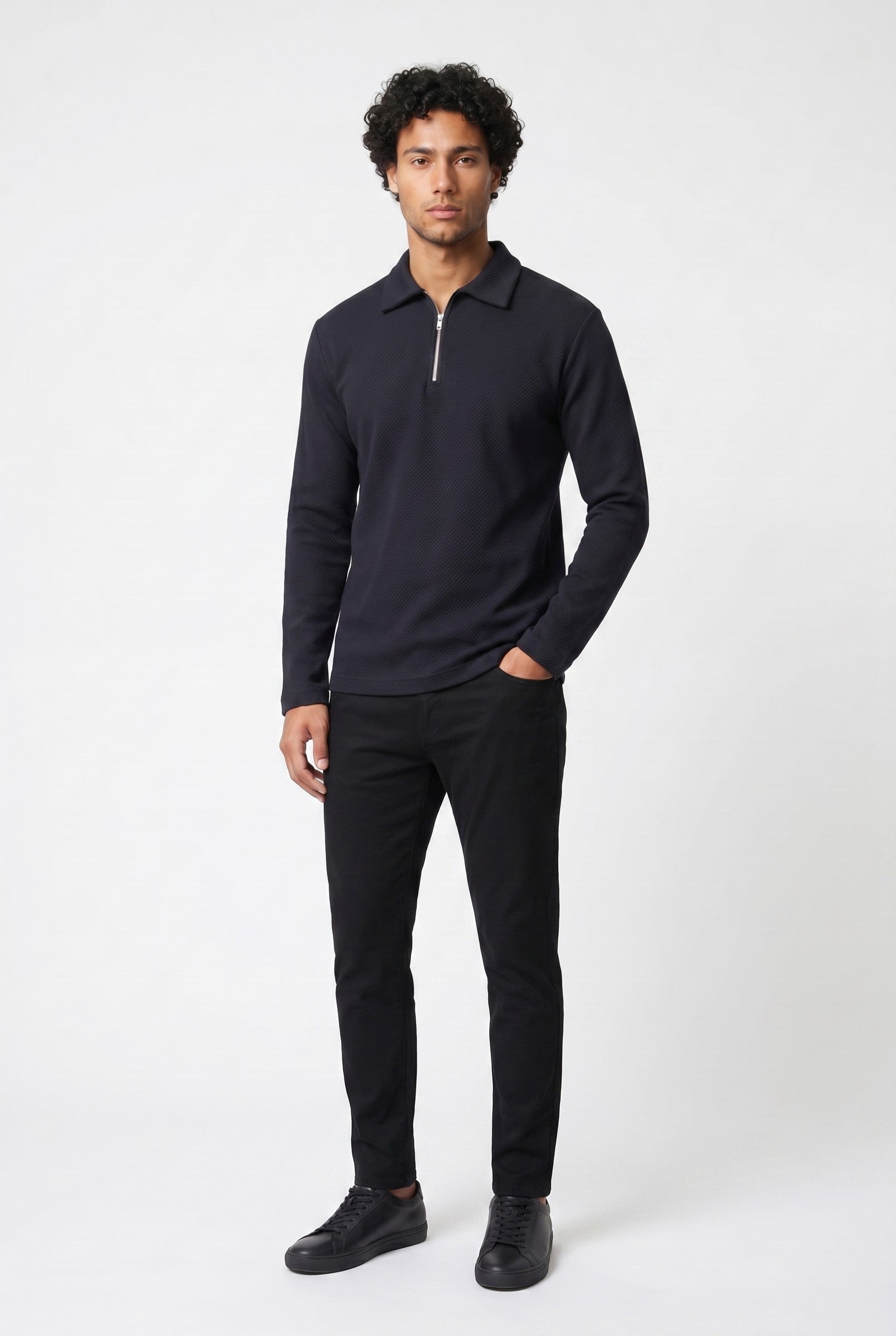 Men's Long Sleeve Textured Polo | Blackstone London
