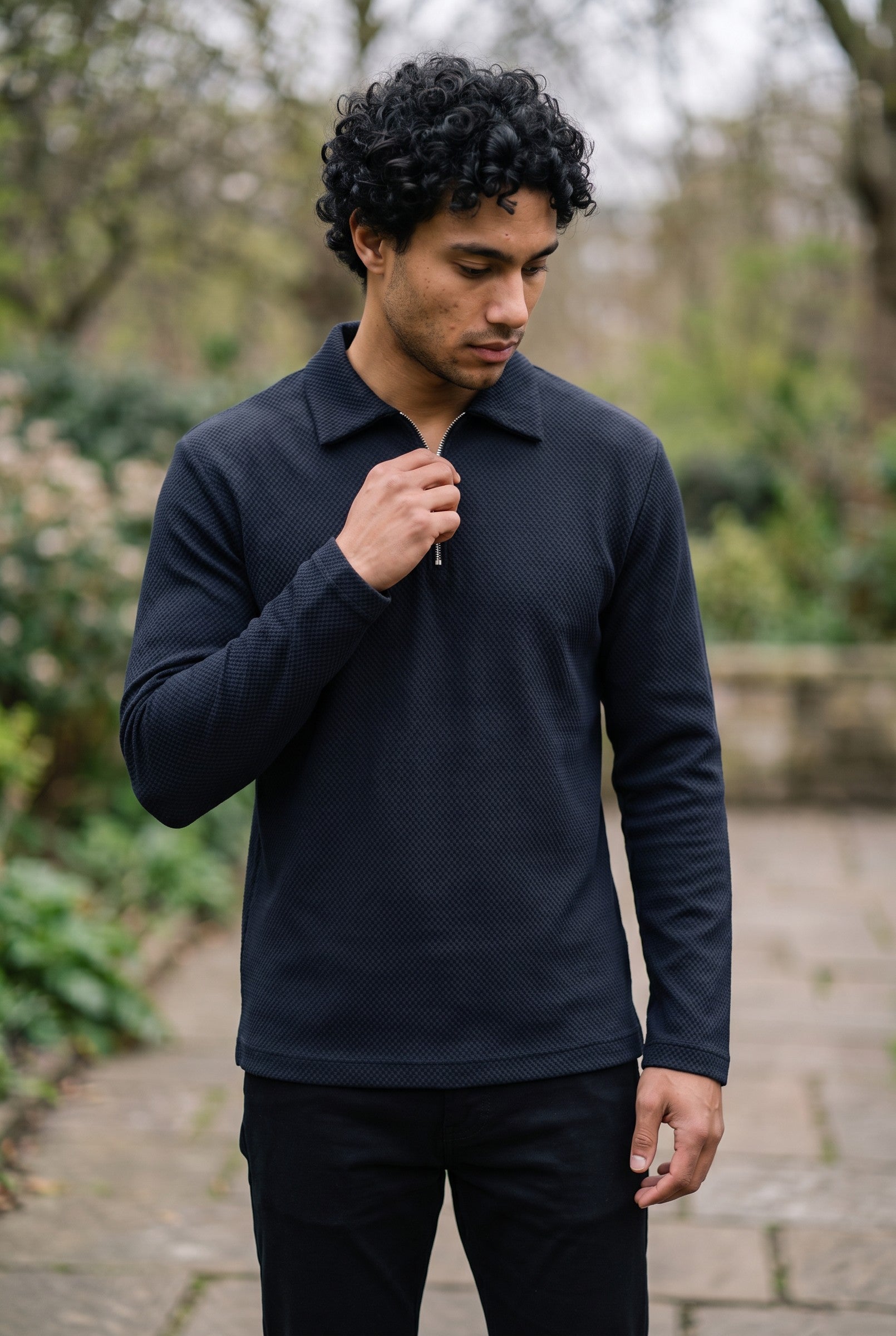 Men's Long Sleeve Textured Polo | Blackstone London