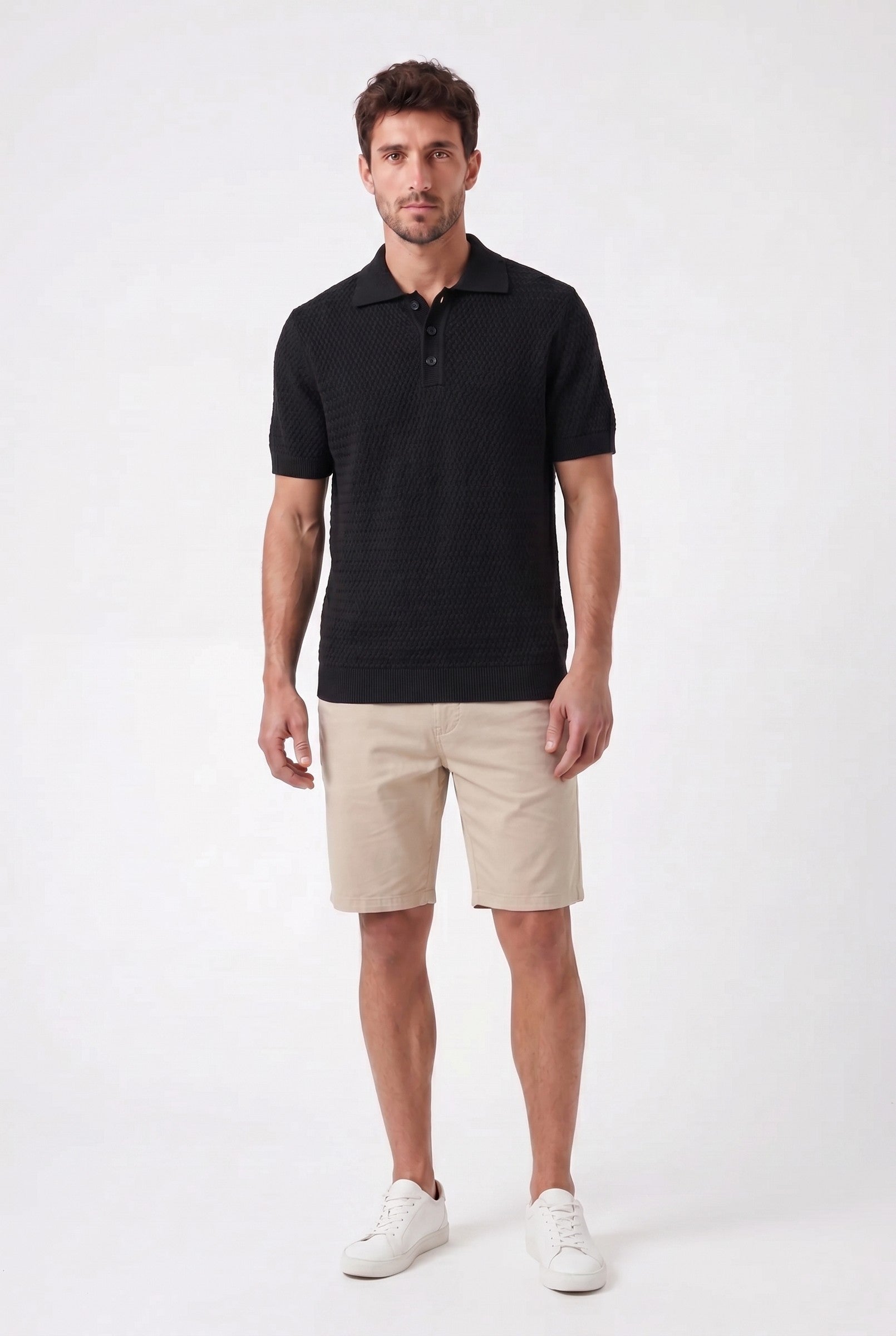 Men's Black Textured Knit Polo | Blackstone London