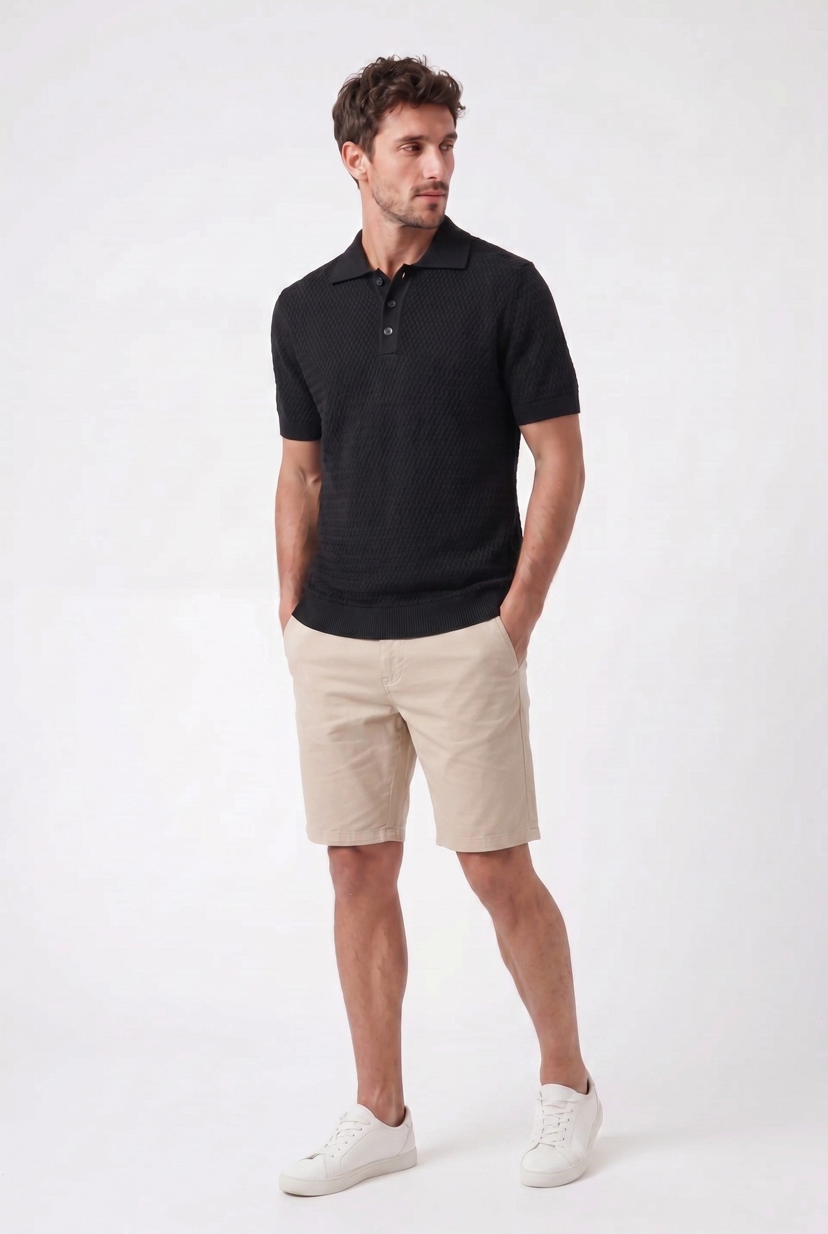 Men's Black Textured Knit Polo | Blackstone London