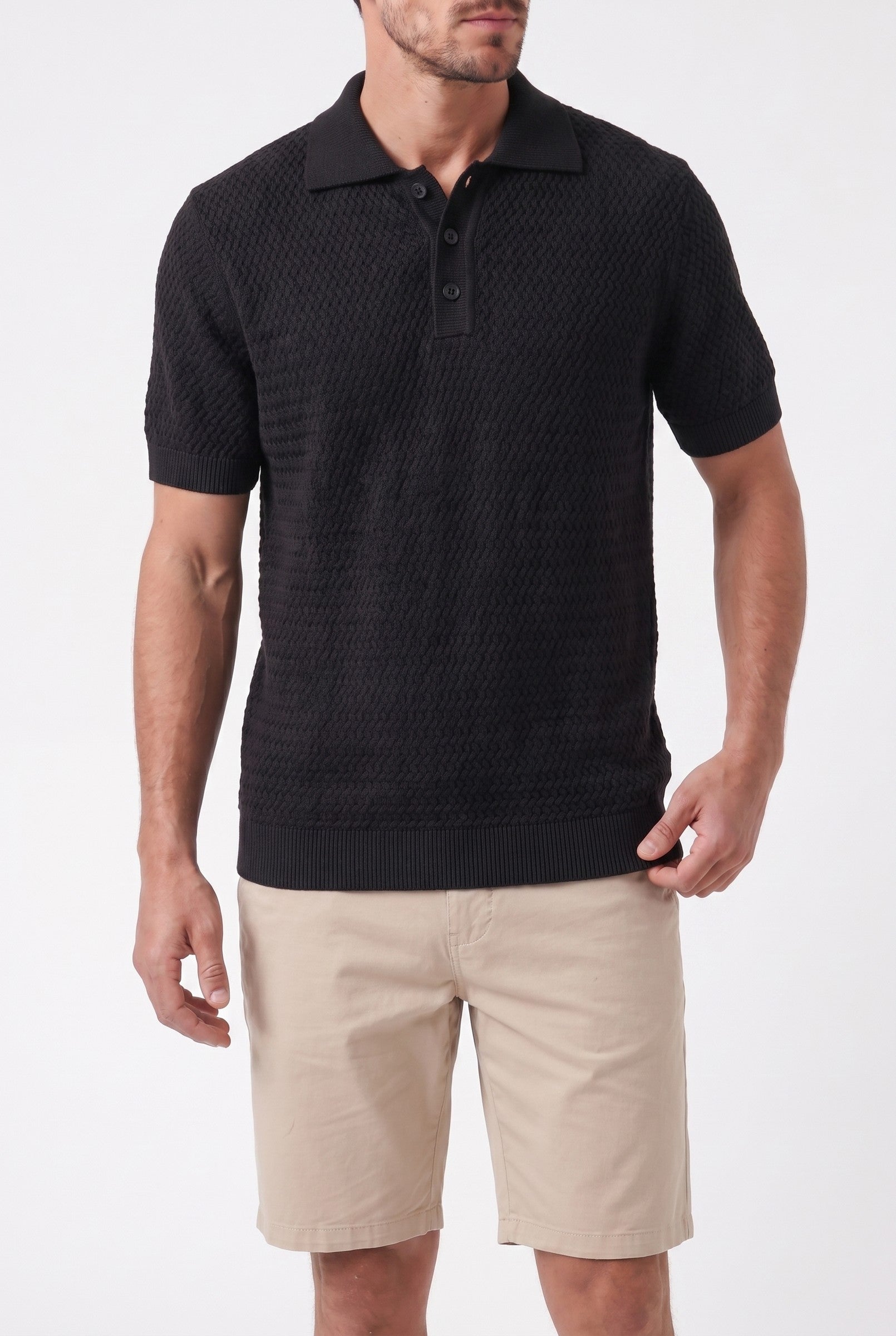 Men's Black Textured Knit Polo | Blackstone London