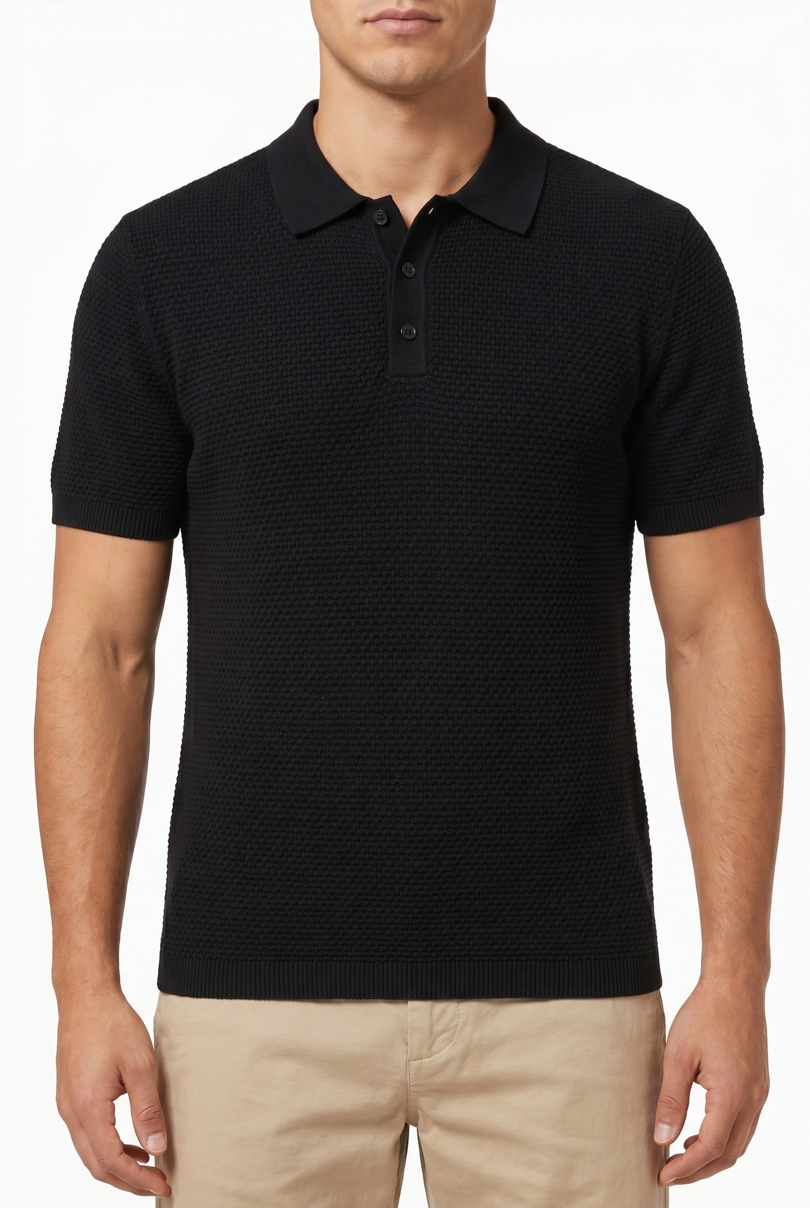Men's Black Textured Knit Polo | Blackstone London