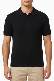 Men's Black Textured Knit Polo | Blackstone London
