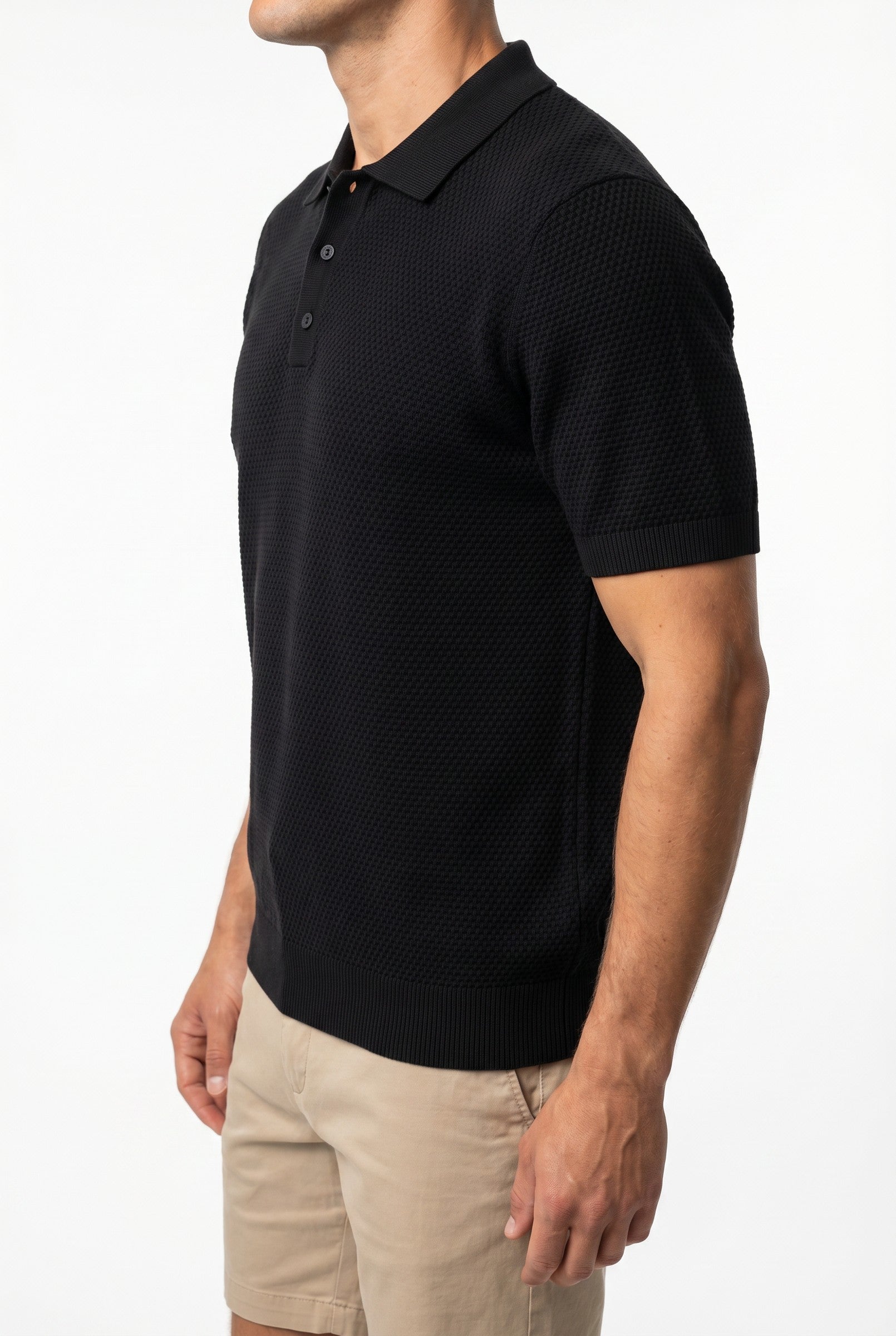 Men's Black Textured Knit Polo | Blackstone London