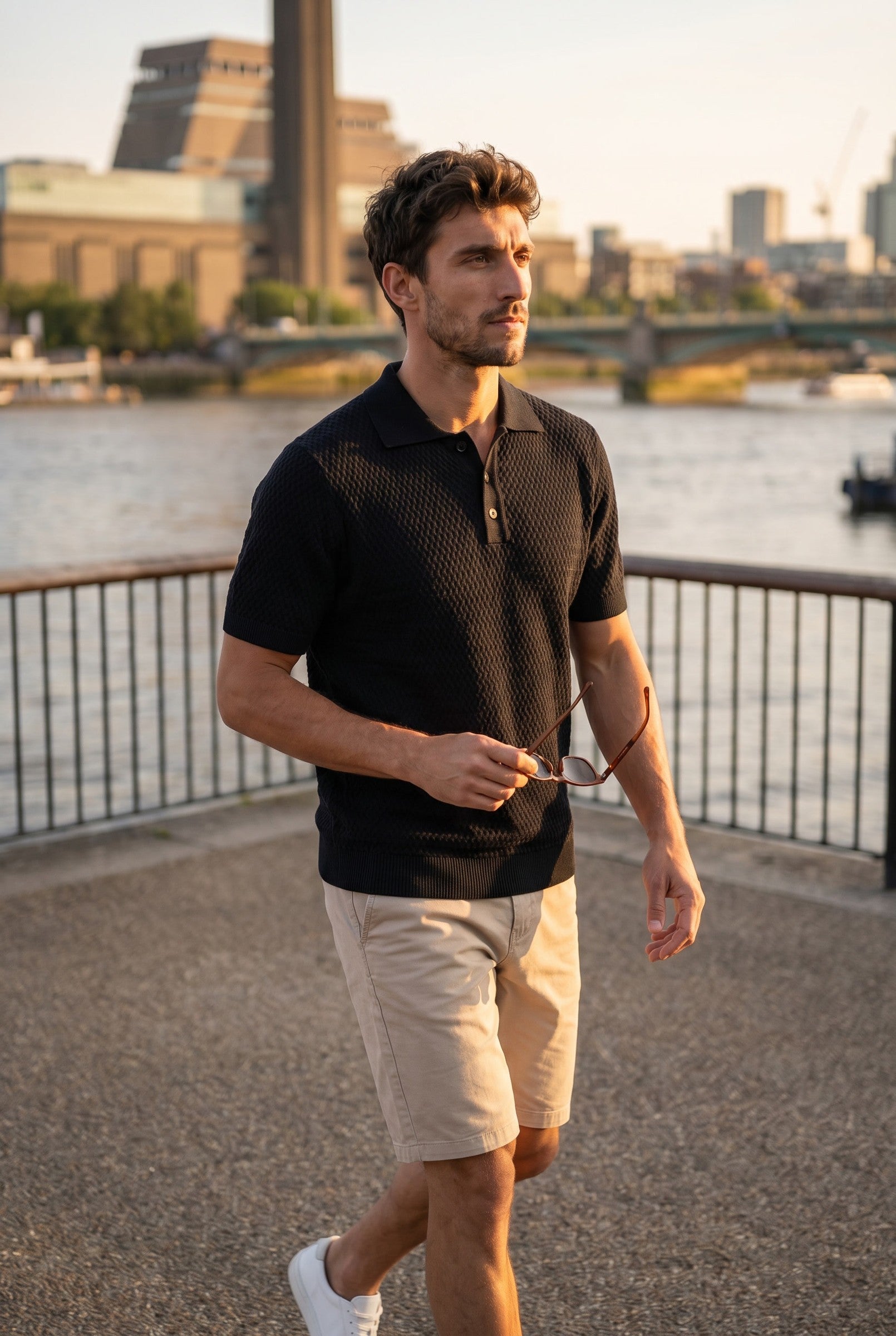 Men's Black Textured Knit Polo | Blackstone London