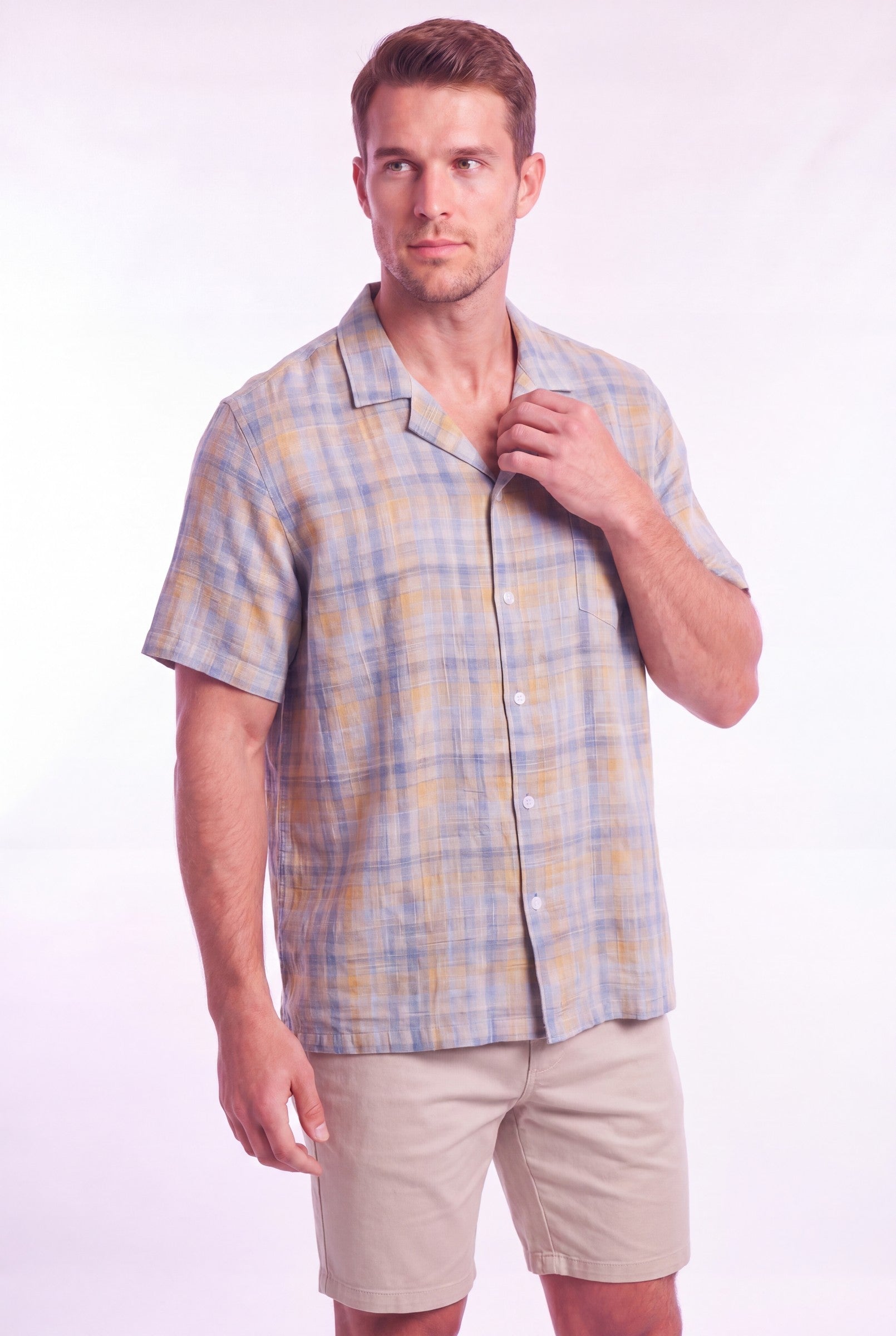 Men's Linen Check Cuban Collar Shirt | Blackstone London