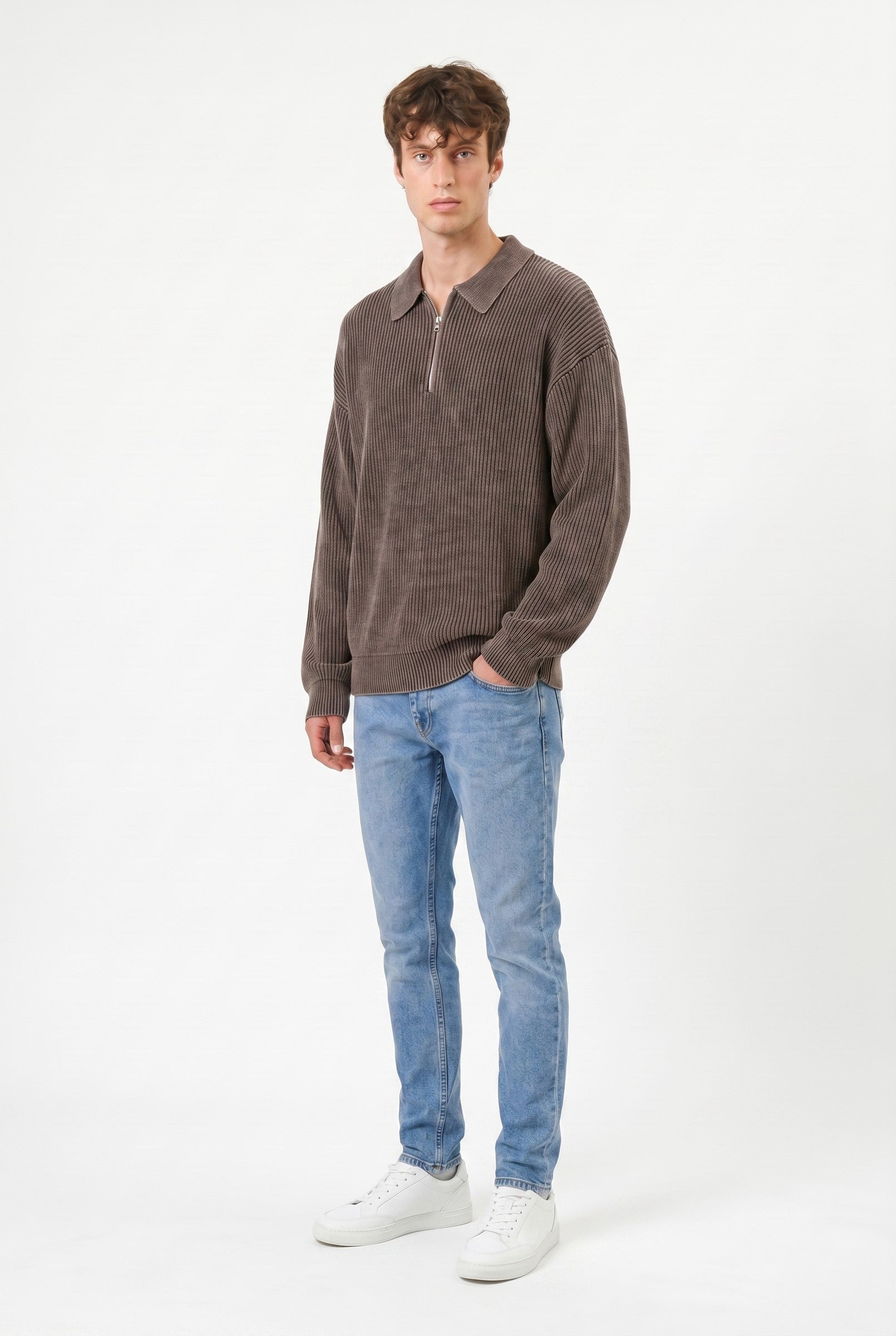 Men's Acid Washed Half-Zip Knit Pullover | Blackstone London