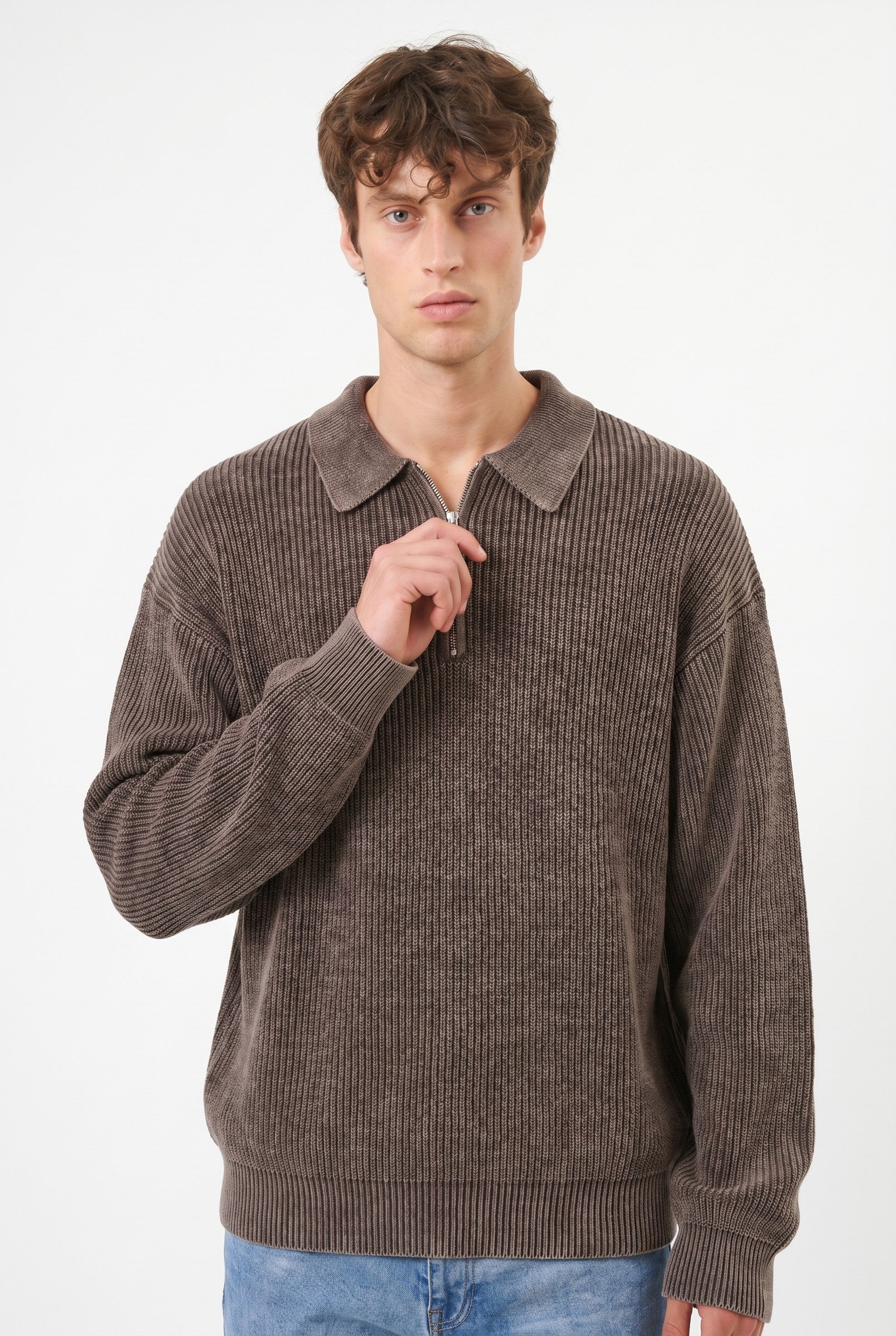 Men's Acid Washed Half-Zip Knit Pullover | Blackstone London
