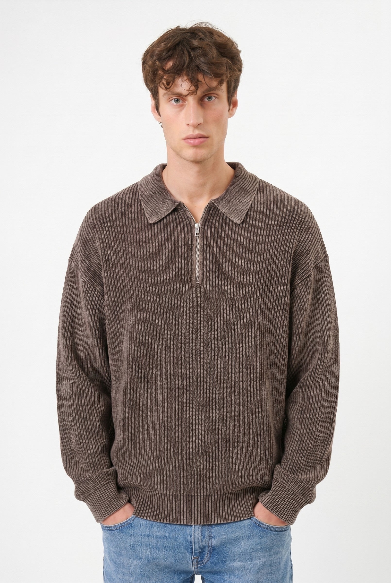Men's Acid Washed Half-Zip Knit Pullover | Blackstone London