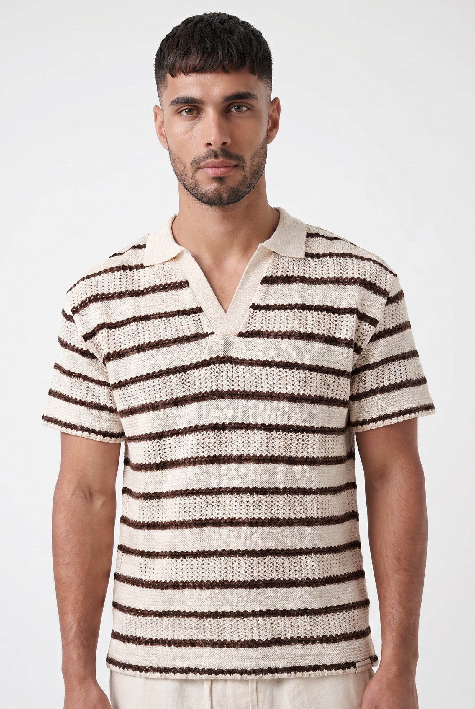 Men's Boxy Stripe Crochet Polo | Blackstone London
