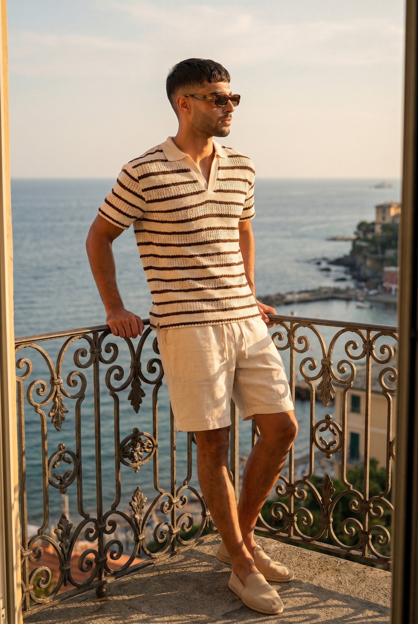 Men's Boxy Stripe Crochet Polo | Blackstone London
