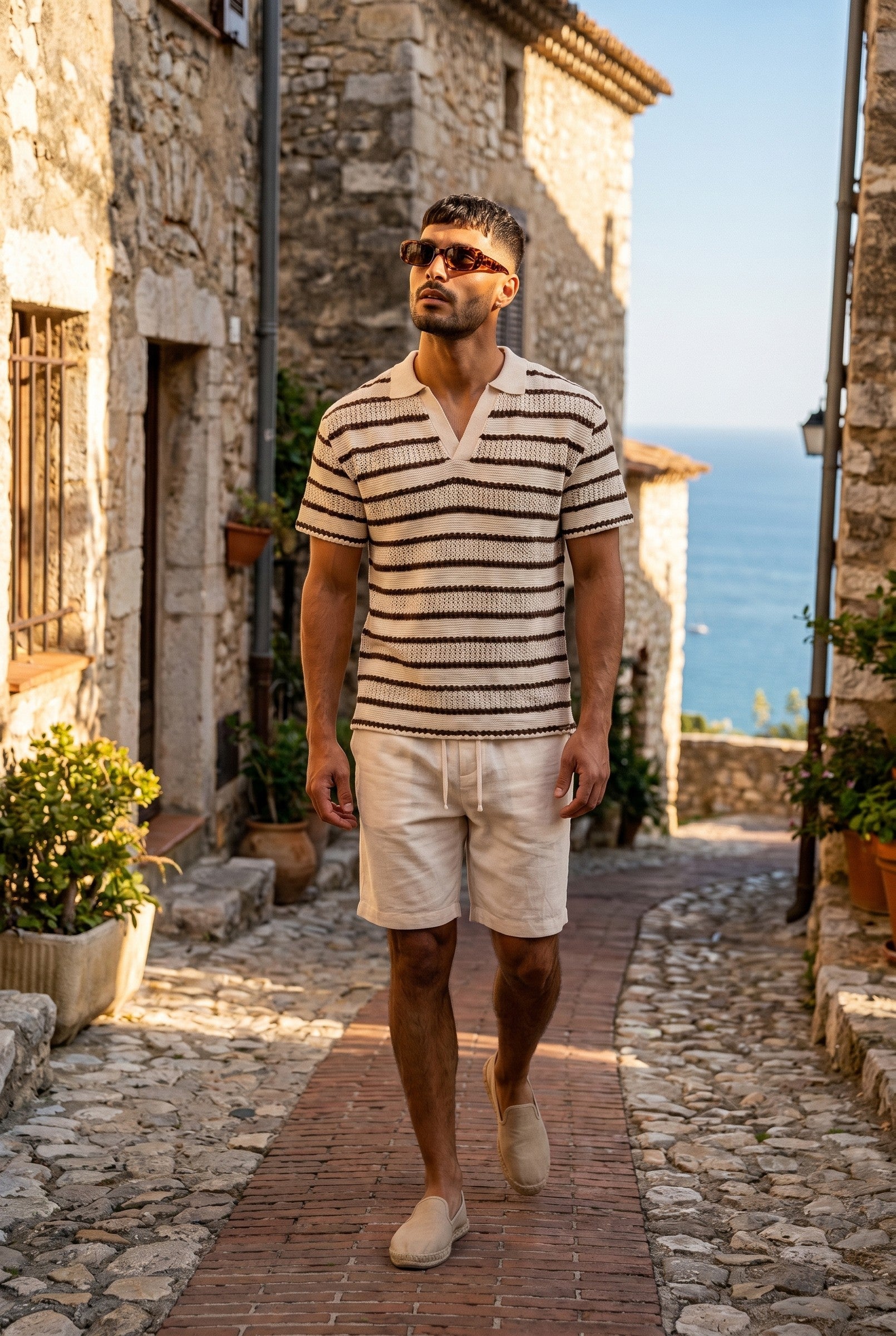 Men's Boxy Stripe Crochet Polo | Blackstone London