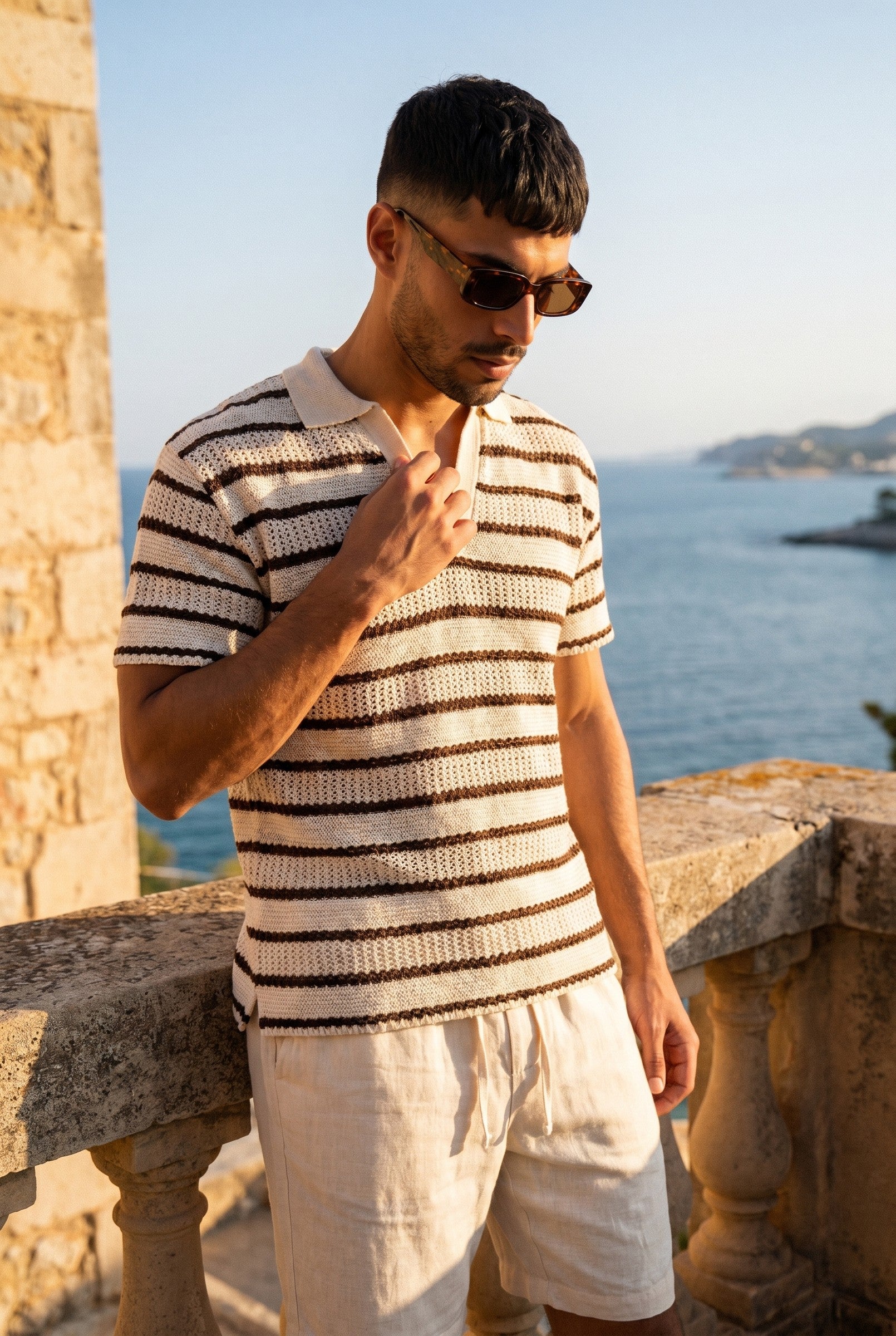 Men's Boxy Stripe Crochet Polo | Blackstone London