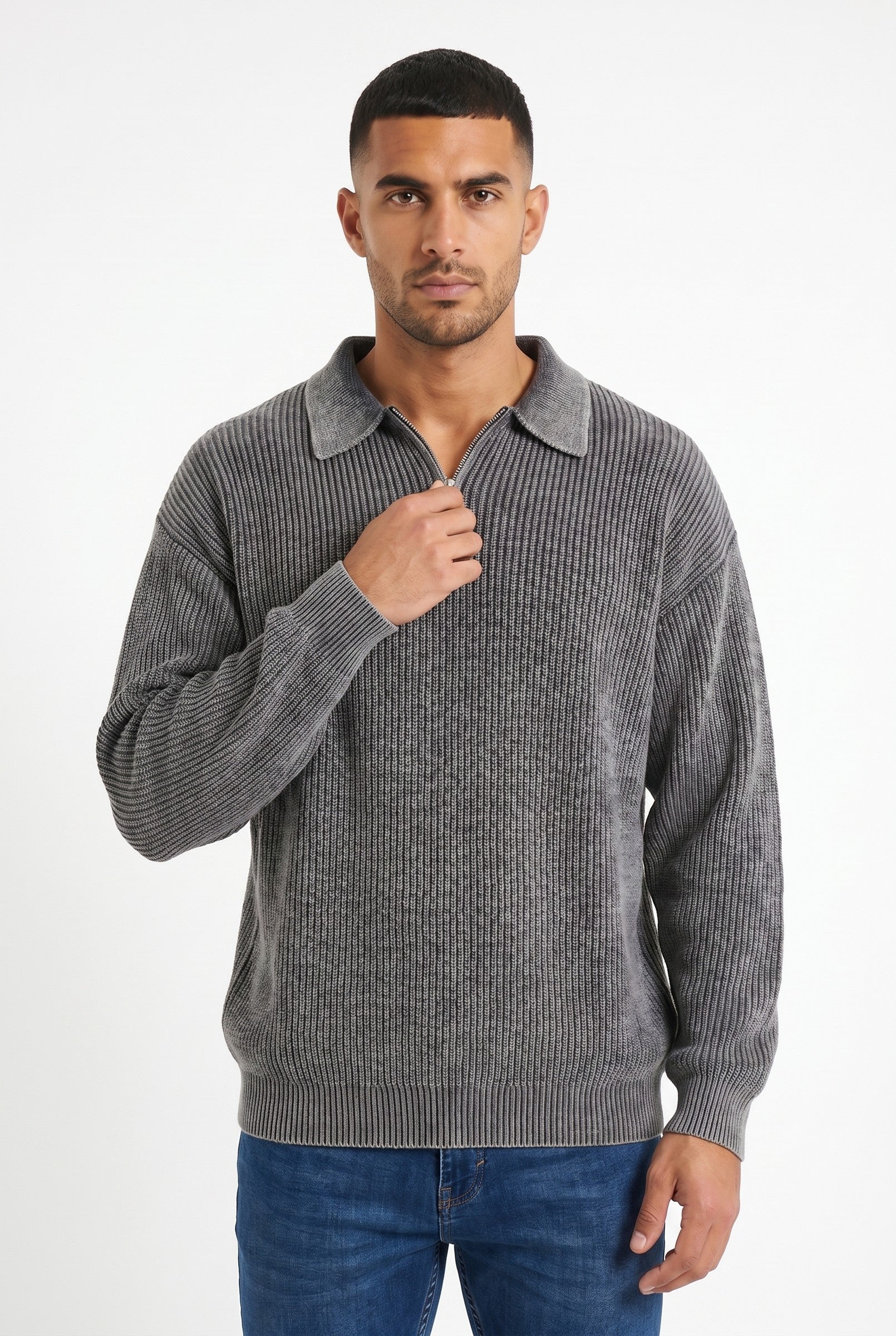 Men's Acid Washed Half-Zip Knit Pullover | Blackstone London