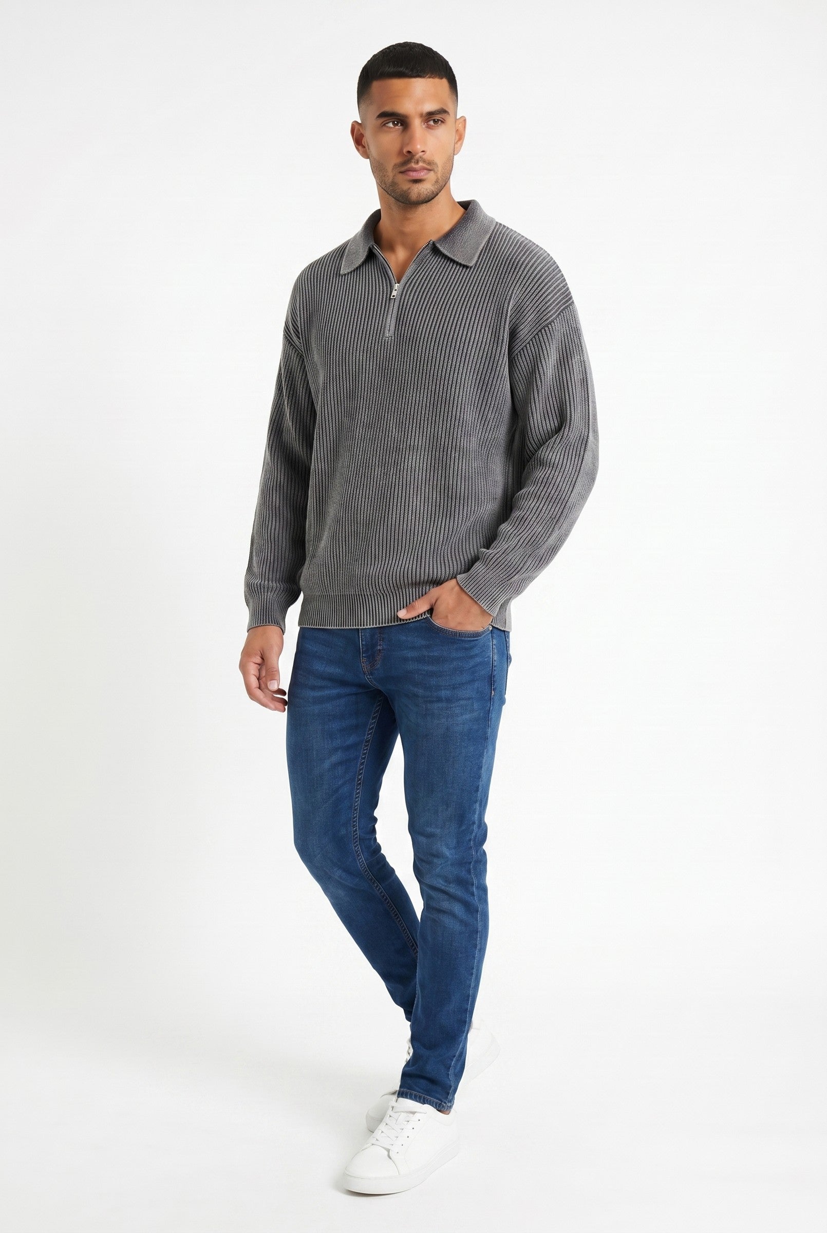 Men's Acid Washed Half-Zip Knit Pullover | Blackstone London