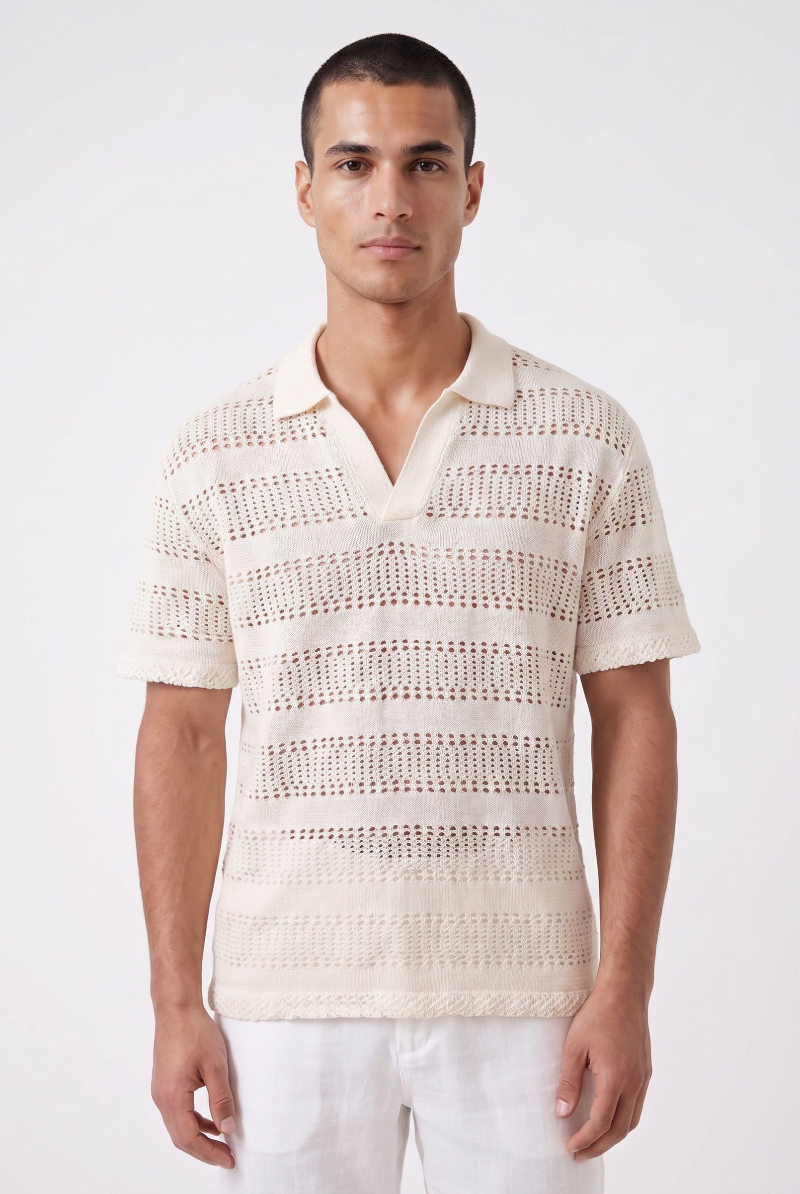 Men's Boxy Stripe Crochet Polo | Blackstone London