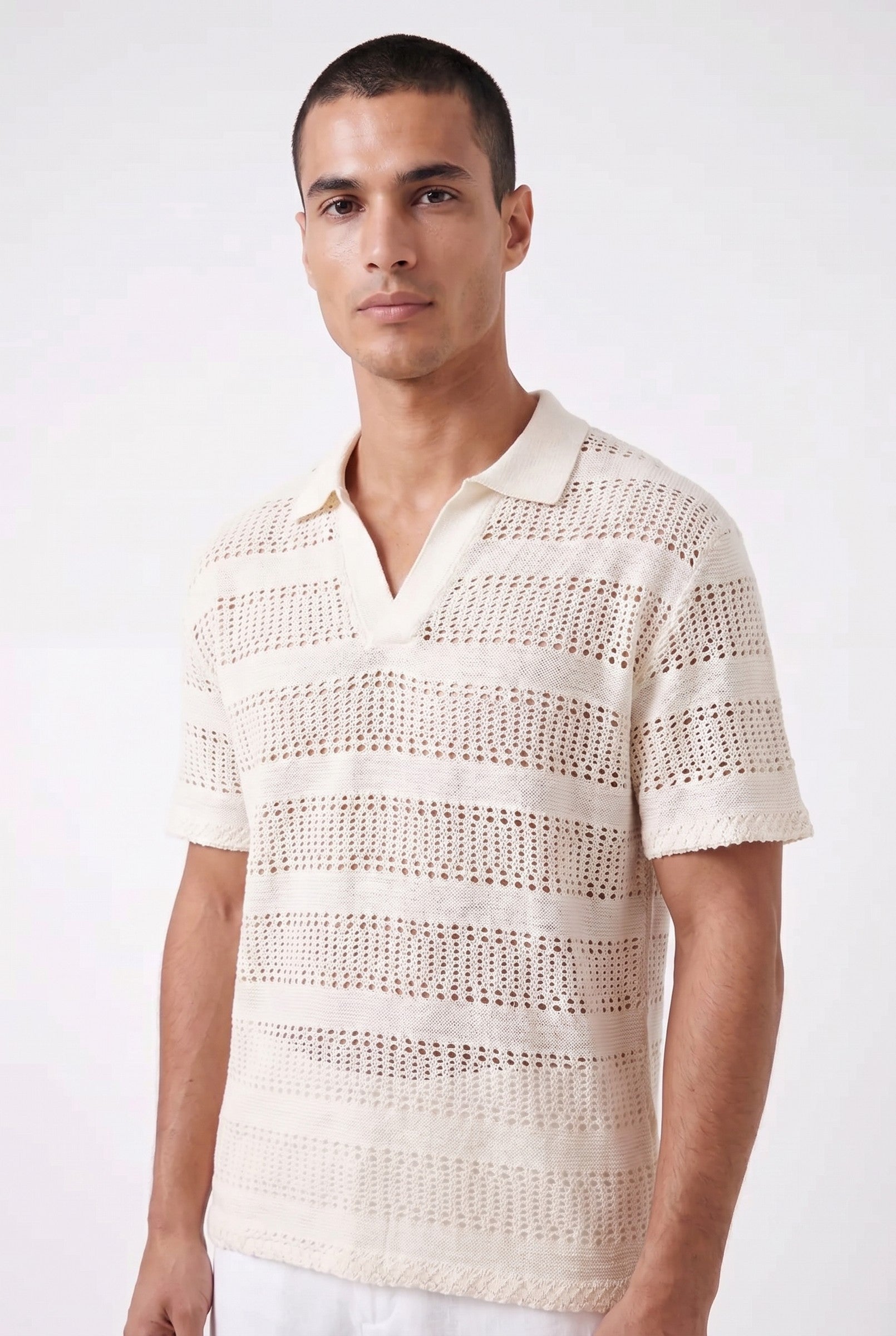 Men's Boxy Stripe Crochet Polo | Blackstone London