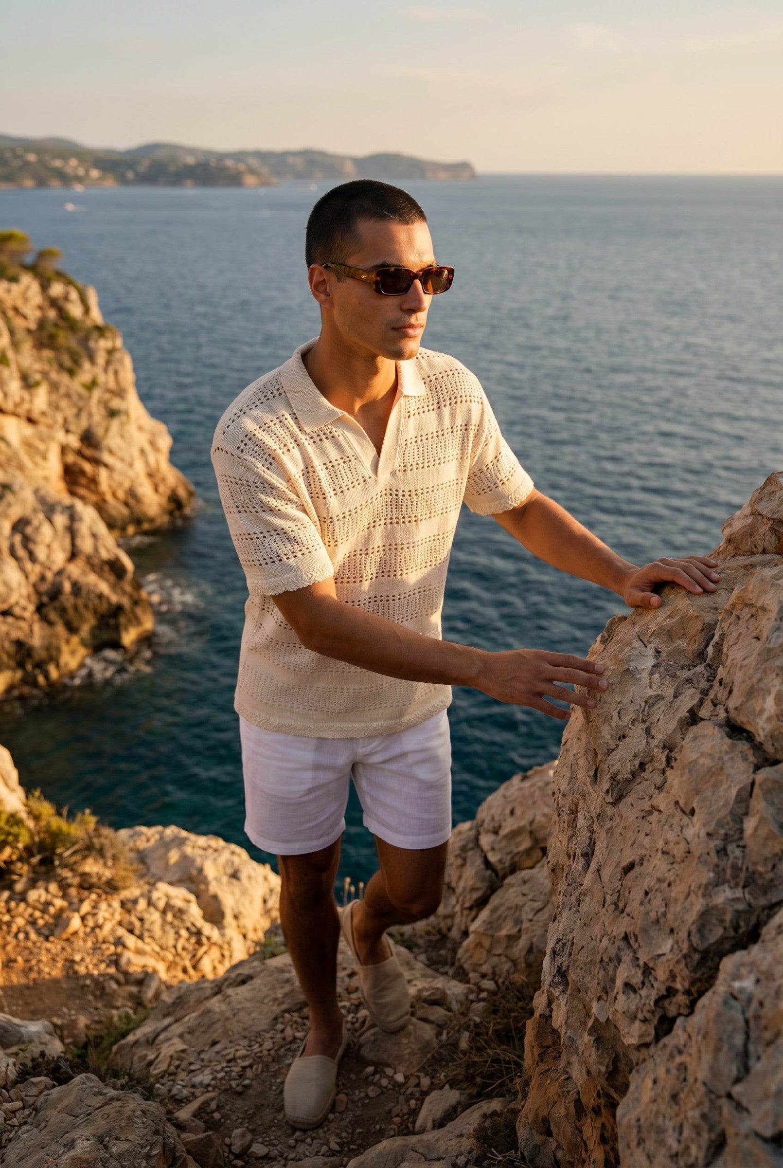 Men's Boxy Stripe Crochet Polo | Blackstone London