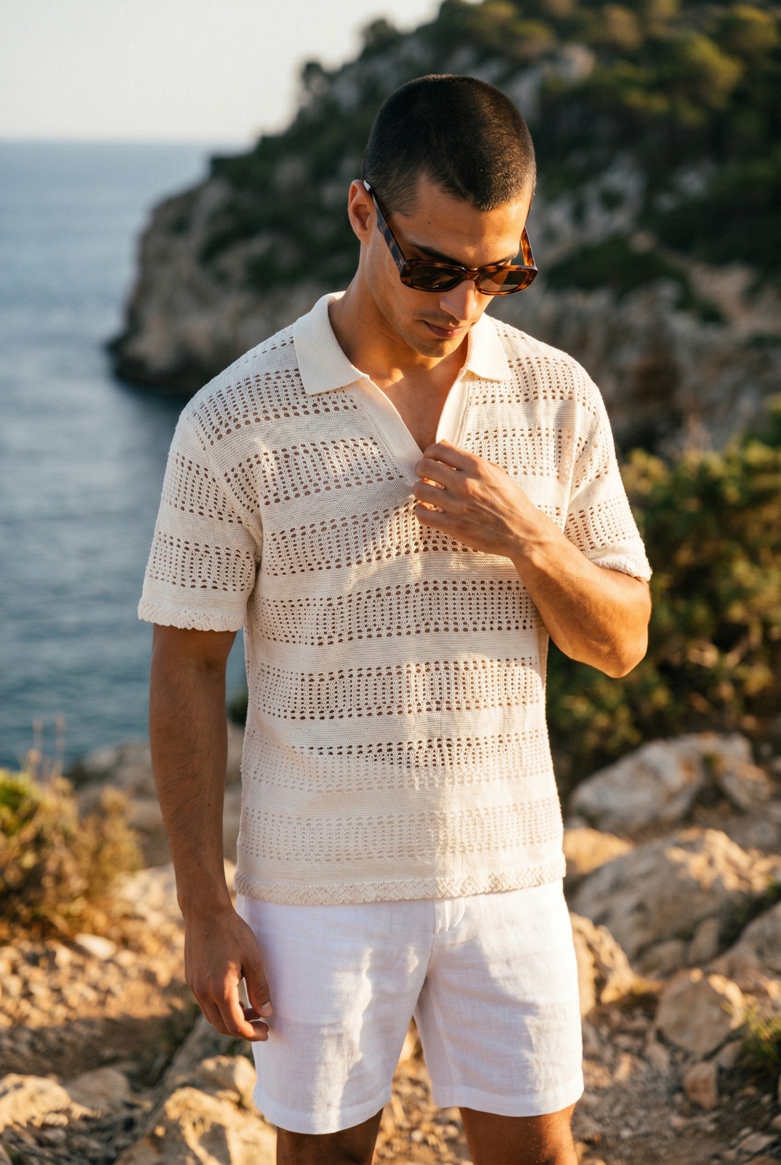 Men's Boxy Stripe Crochet Polo | Blackstone London