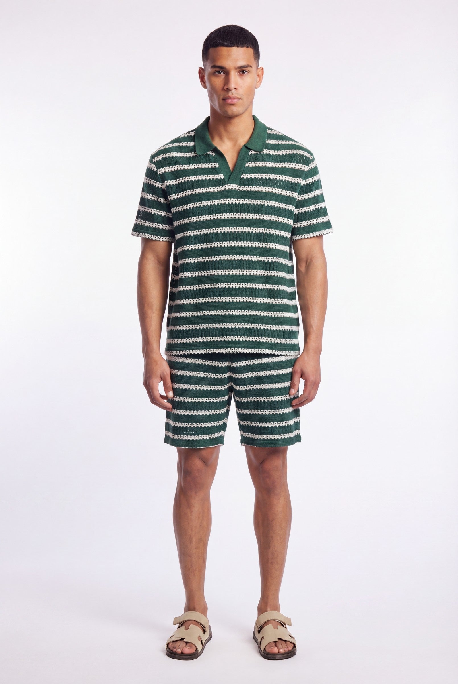 Men's Crochet Knit Stripe Boxy Polo | Blackstone London