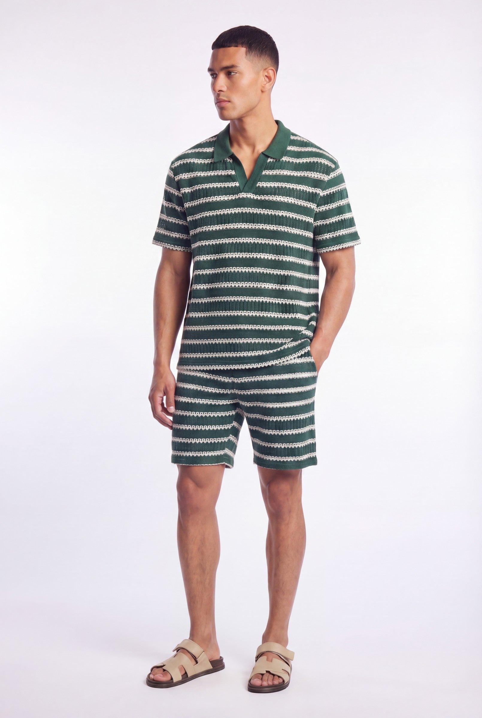 Men's Crochet Knit Stripe Boxy Polo | Blackstone London