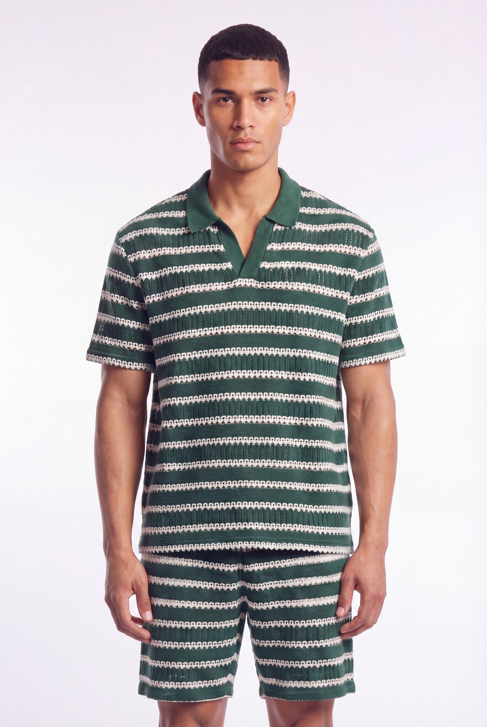 Men's Crochet Knit Stripe Boxy Polo | Blackstone London
