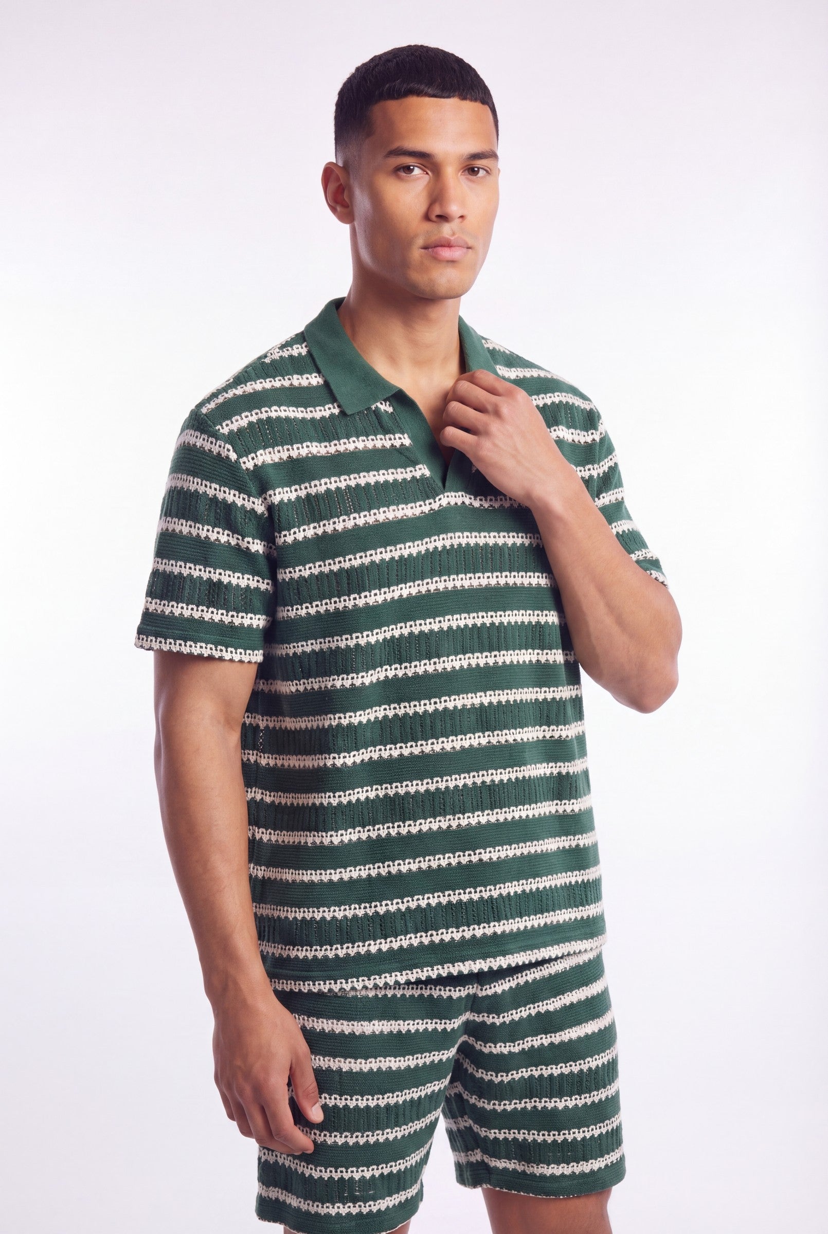 Men's Crochet Knit Stripe Boxy Polo | Blackstone London