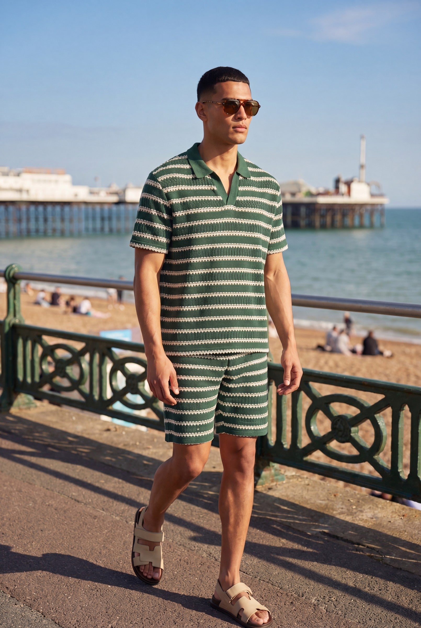 Men's Crochet Knit Stripe Boxy Polo | Blackstone London