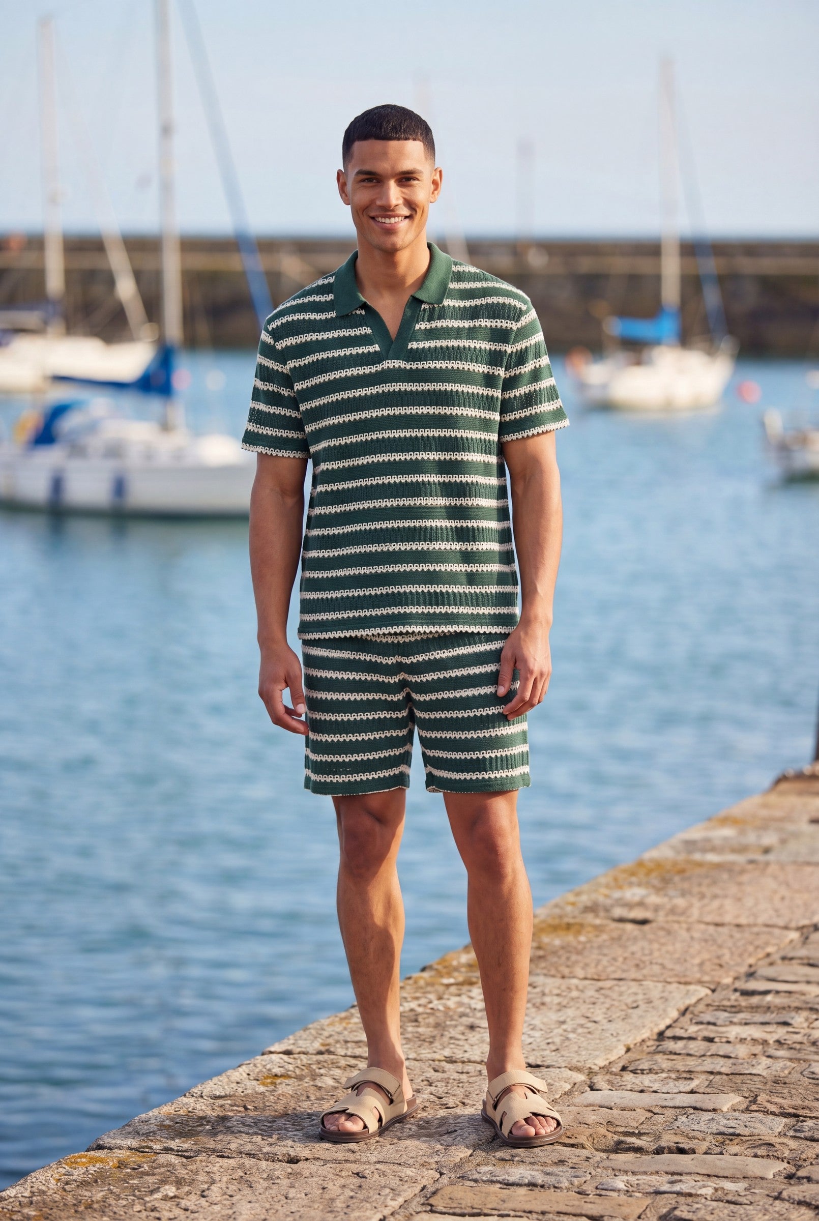 Men's Crochet Knit Stripe Boxy Polo | Blackstone London