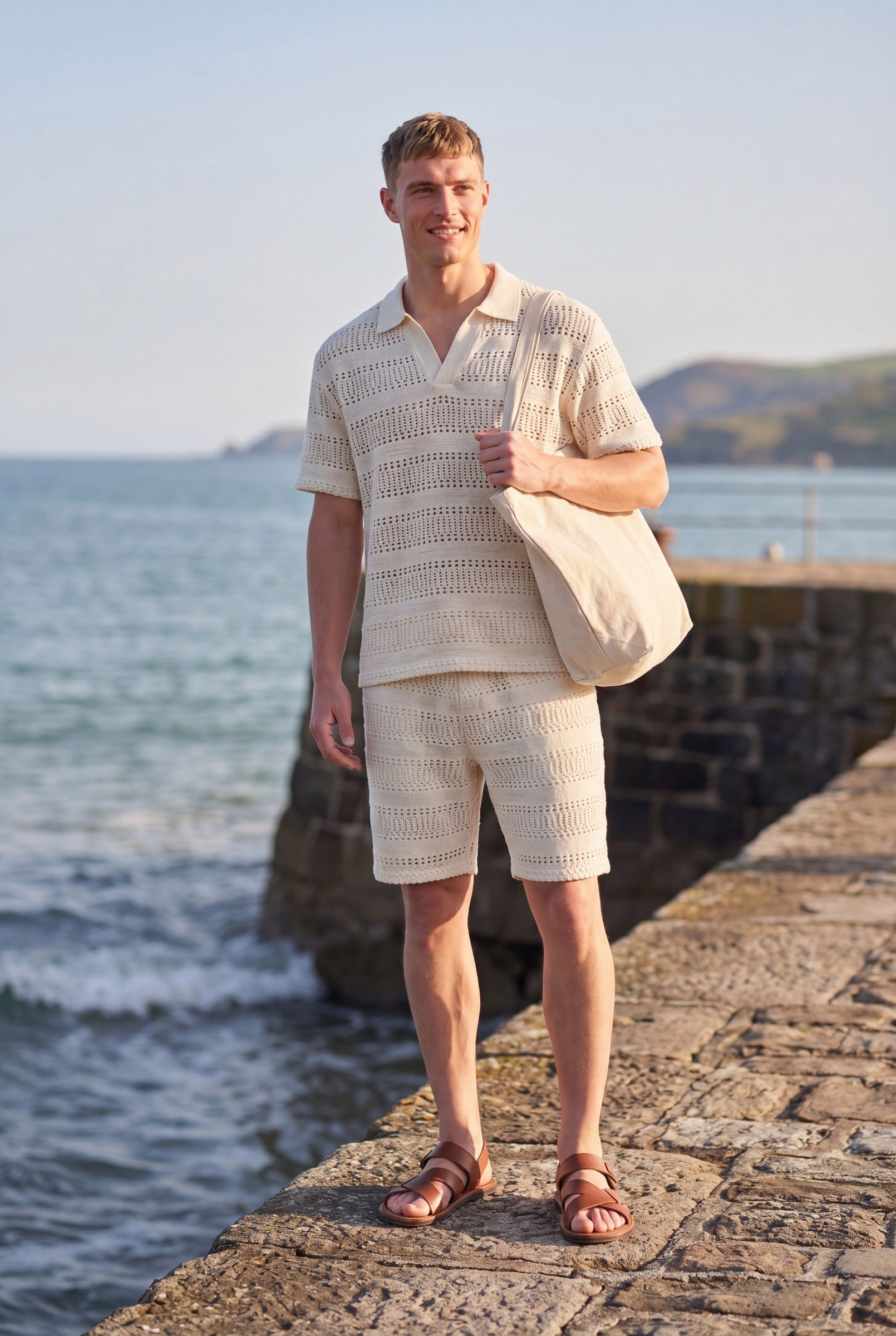 Men's Crochet Knit Stripe Boxy Polo | Blackstone London