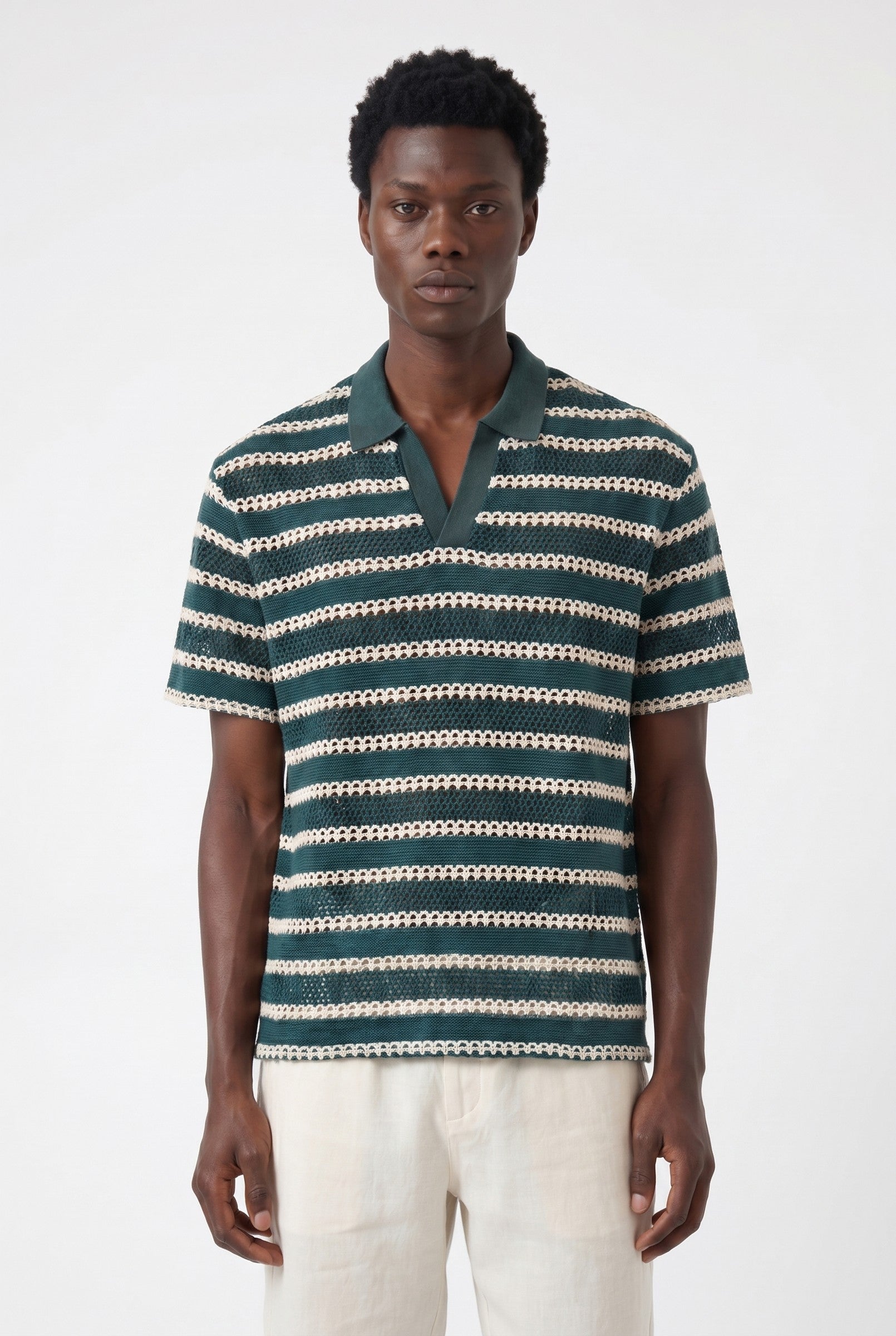Men's Boxy Stripe Crochet Polo | Blackstone London