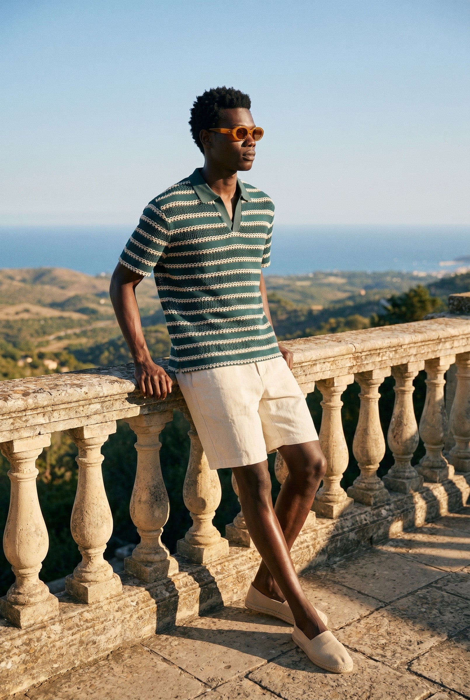 Men's Boxy Stripe Crochet Polo | Blackstone London