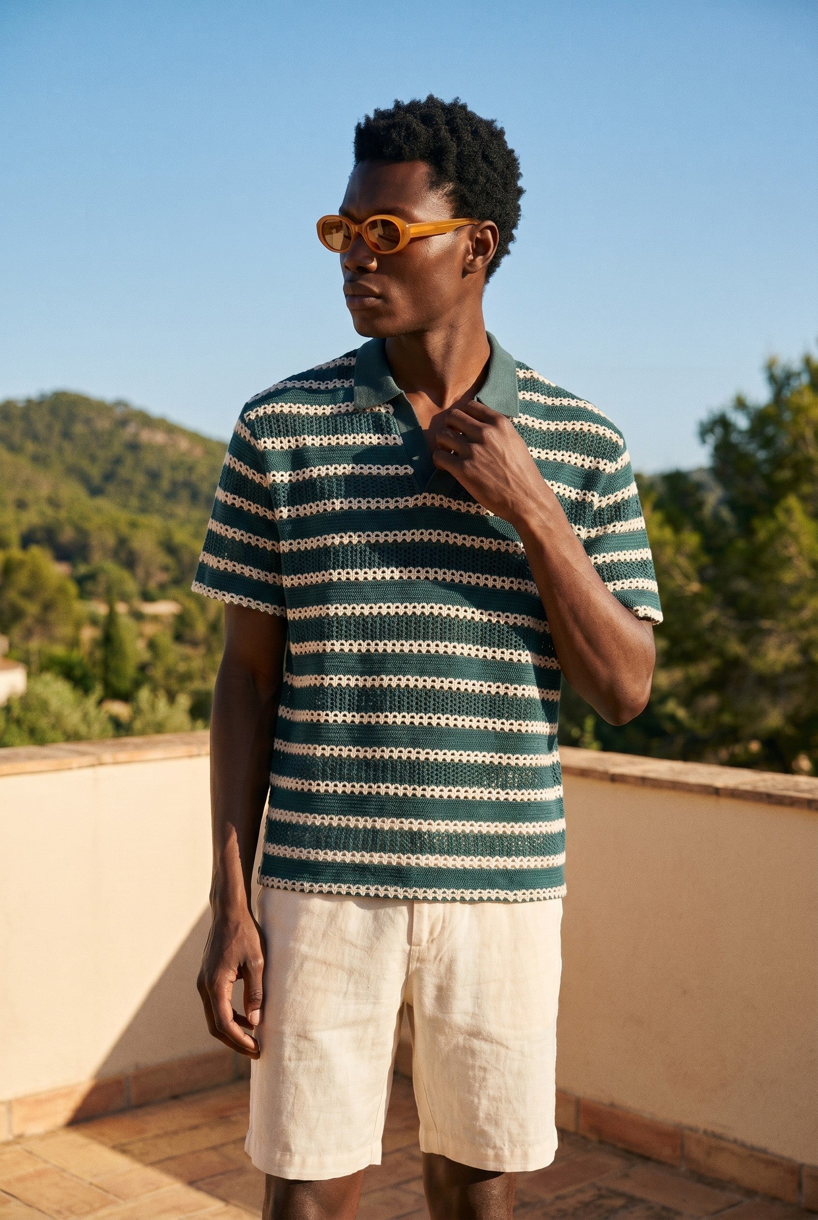 Men's Boxy Stripe Crochet Polo | Blackstone London