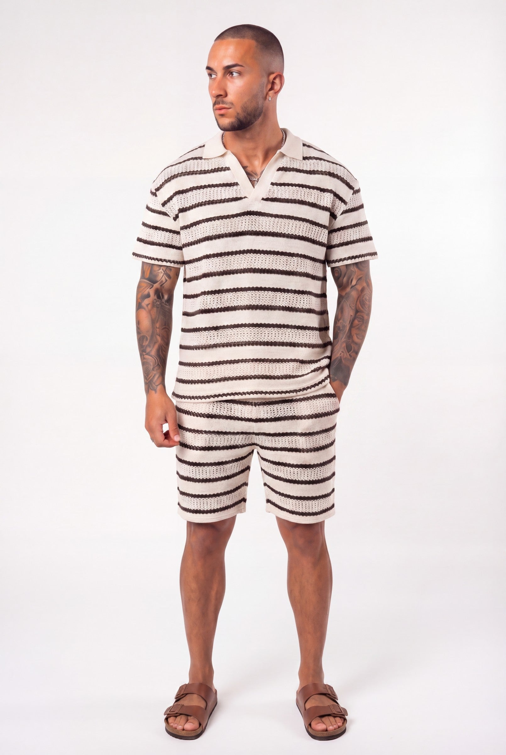 Men's Crochet Knit Stripe Boxy Polo | Blackstone London