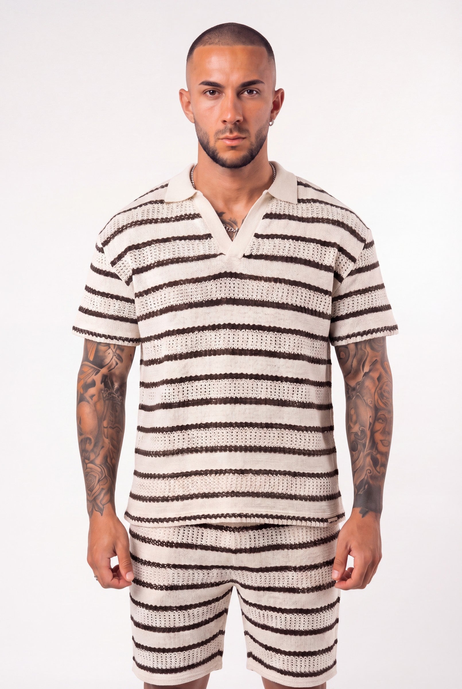 Men's Crochet Knit Stripe Boxy Polo | Blackstone London