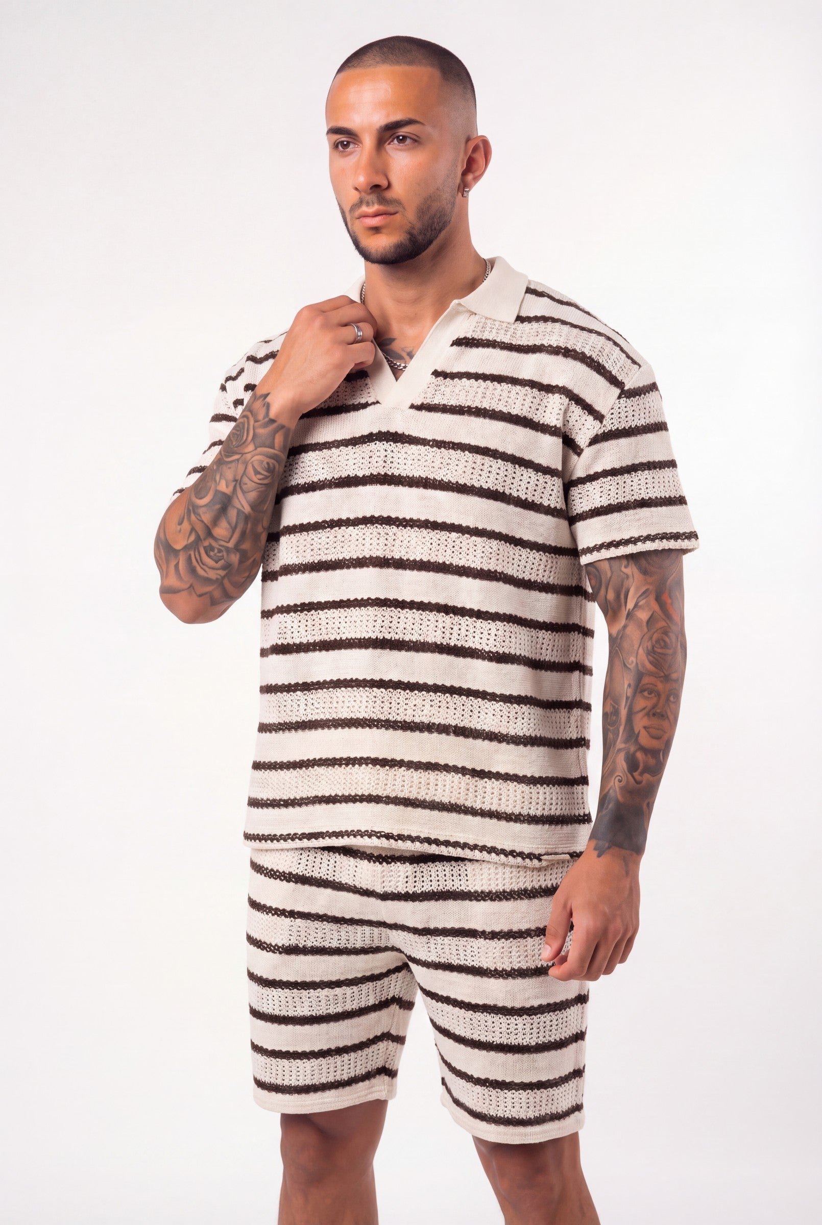 Men's Crochet Knit Stripe Boxy Polo | Blackstone London