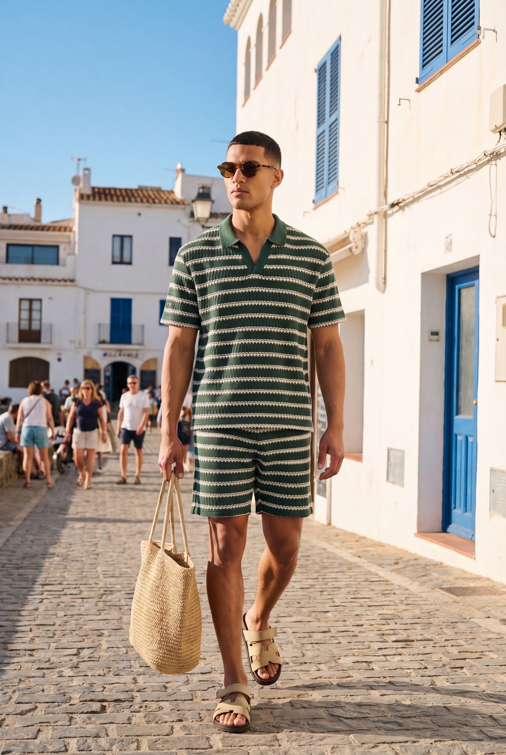 Men's Crochet Knit Stripe Boxy Polo | Blackstone London