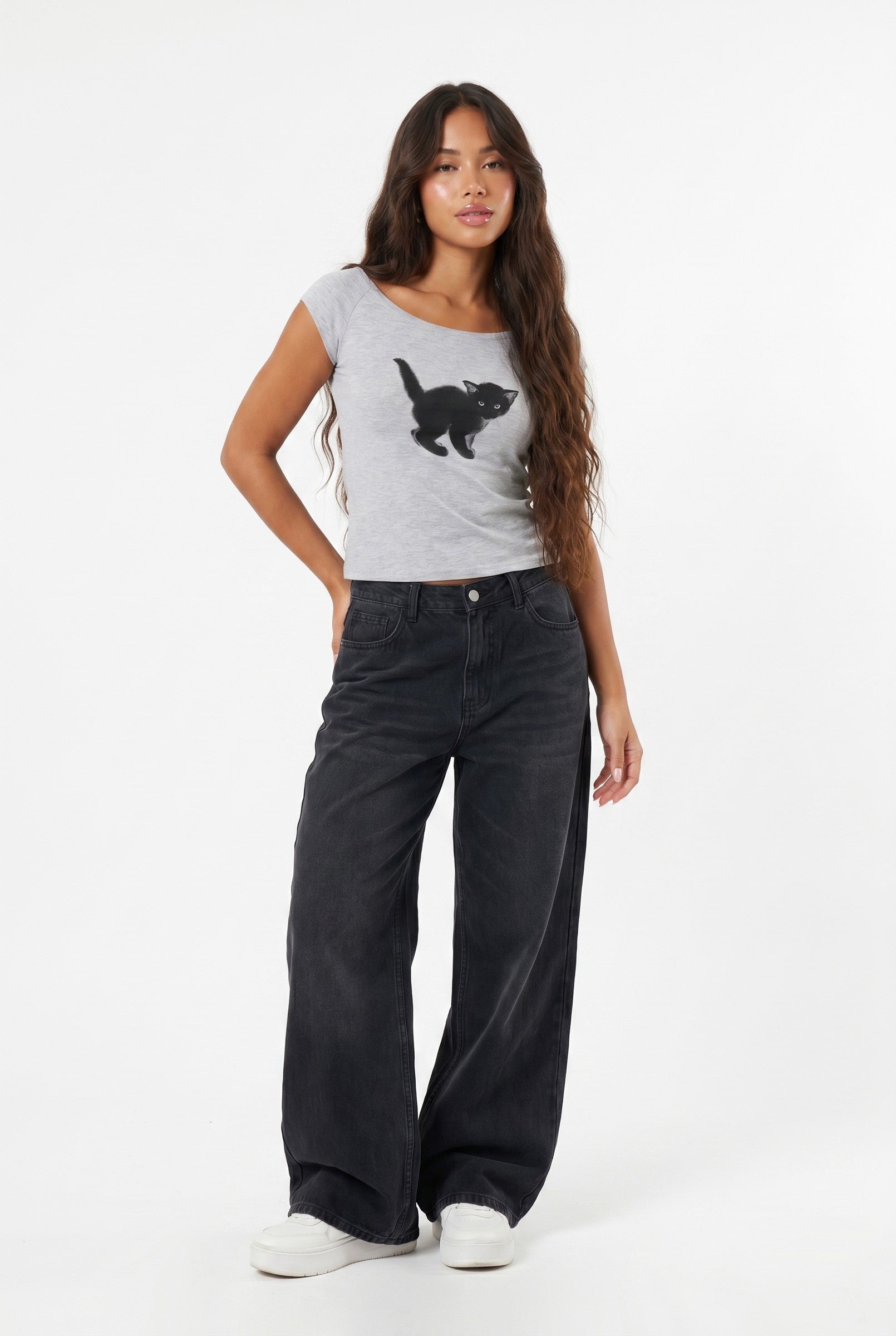 Women's Cat Graphic Off Shoulder Crop Top | Blackstone London