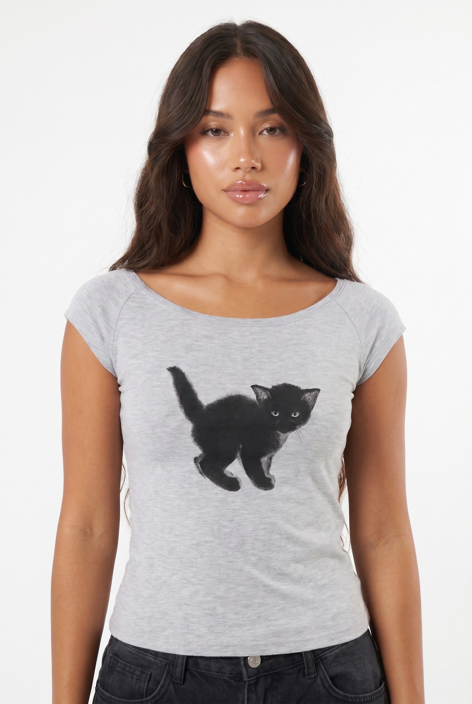 Women's Cat Graphic Off Shoulder Crop Top | Blackstone London
