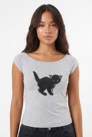 Women's Cat Graphic Off Shoulder Crop Top | Blackstone London