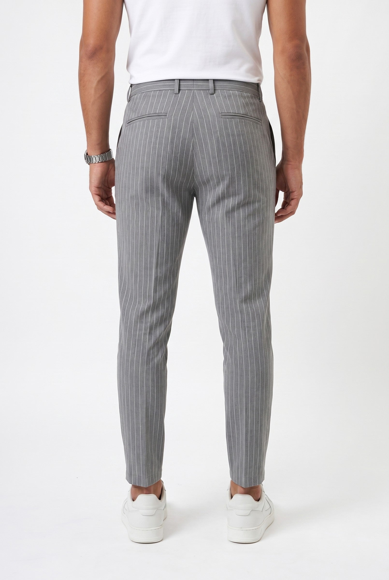 Men's Pinstripe Trousers with Half Belt in Grey | Blackstone London