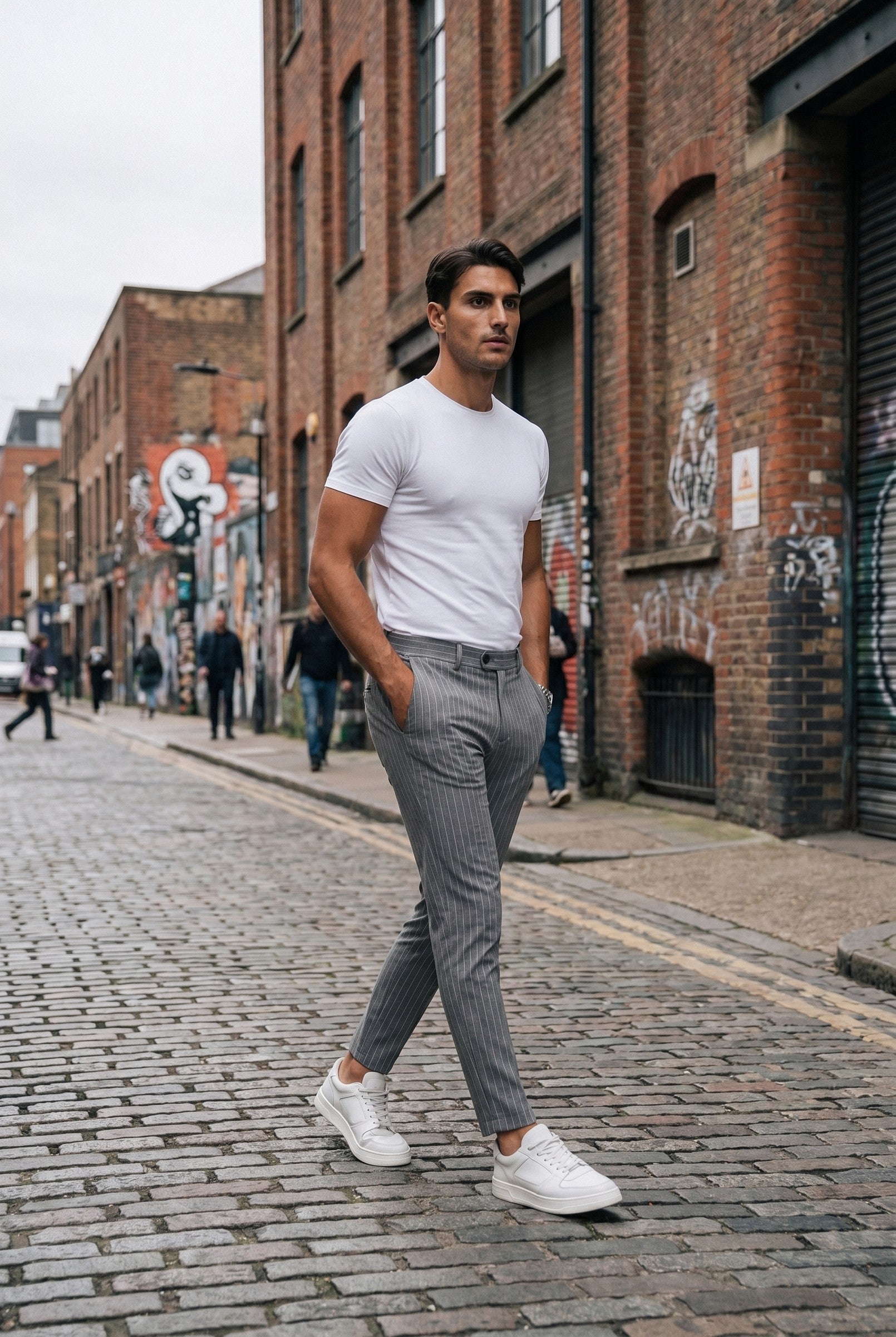 Men's Pinstripe Trousers with Half Belt in Grey | Blackstone London