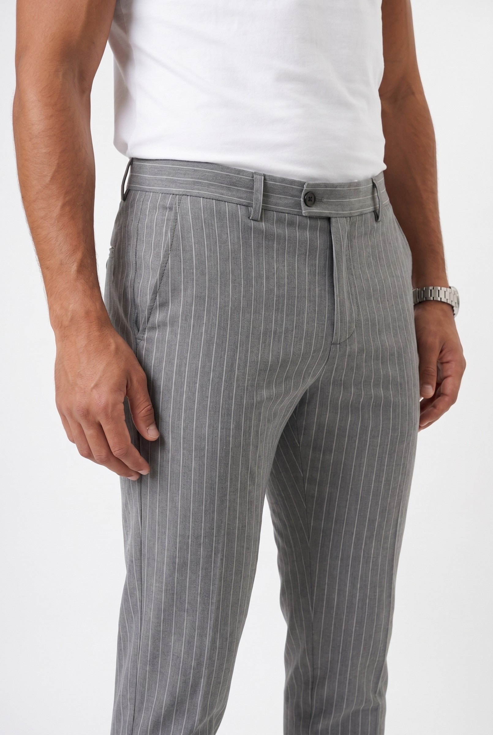 Men's Pinstripe Trousers with Half Belt in Grey | Blackstone London