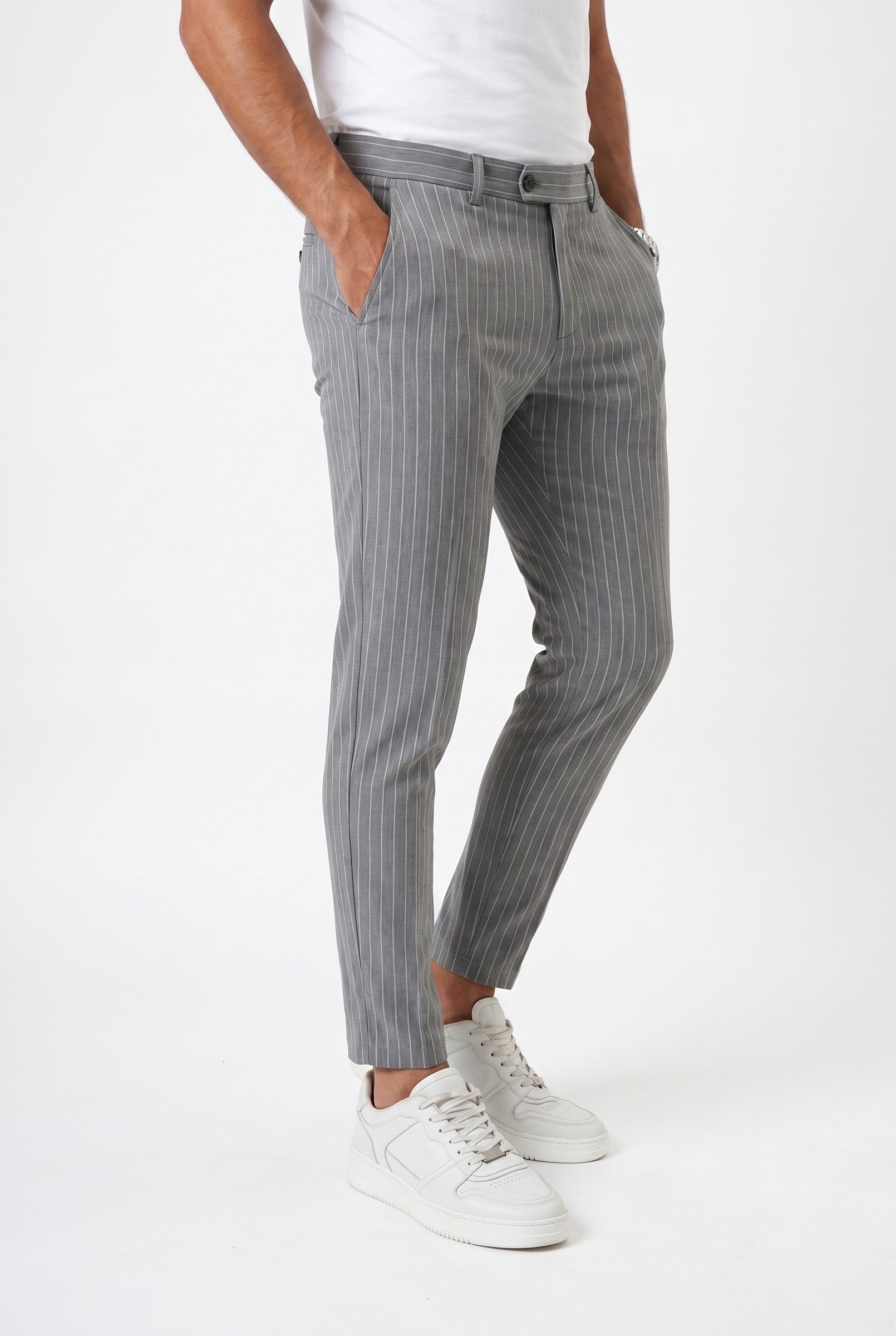 Men's Pinstripe Trousers with Half Belt in Grey | Blackstone London