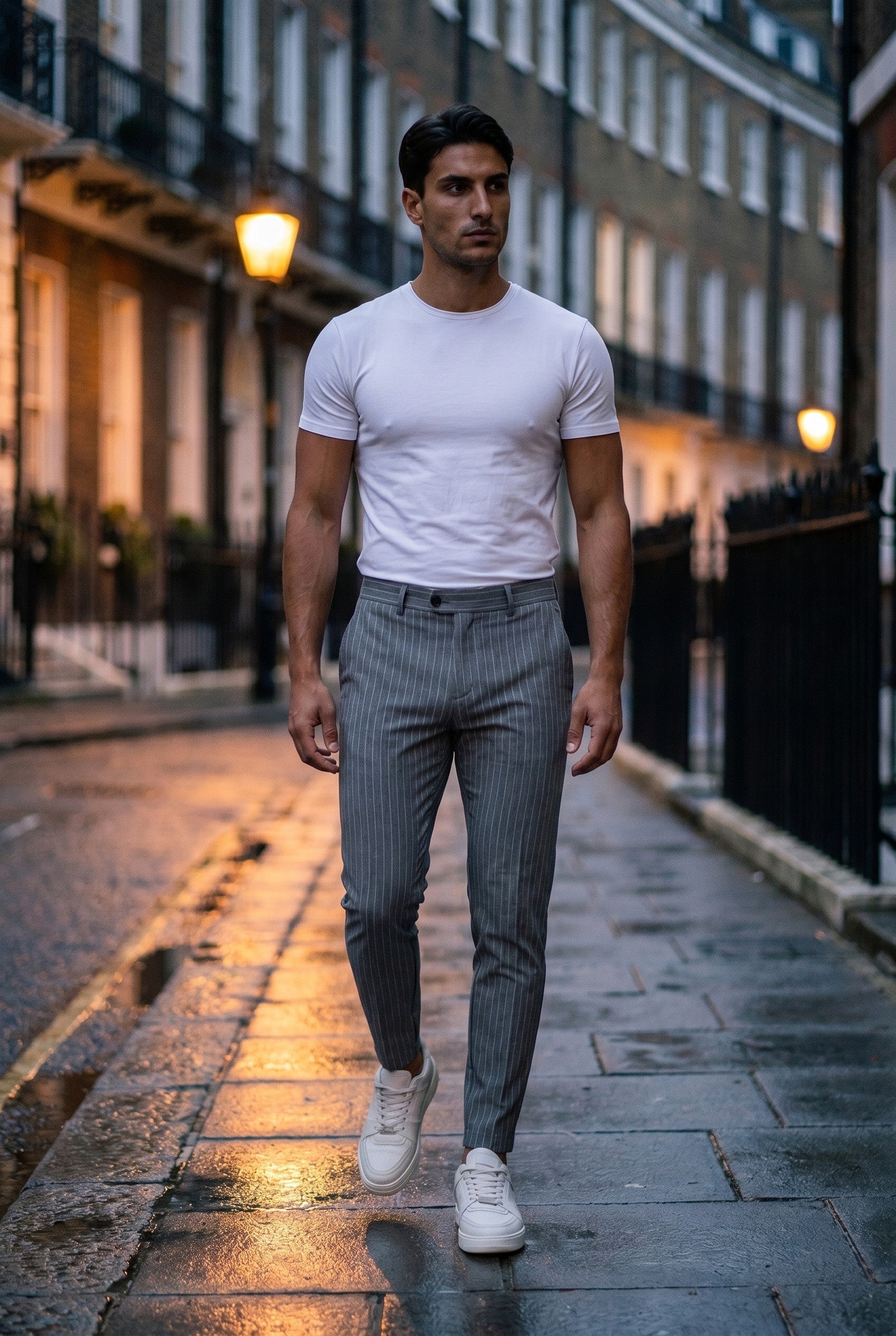 Men's Pinstripe Trousers with Half Belt in Grey | Blackstone London